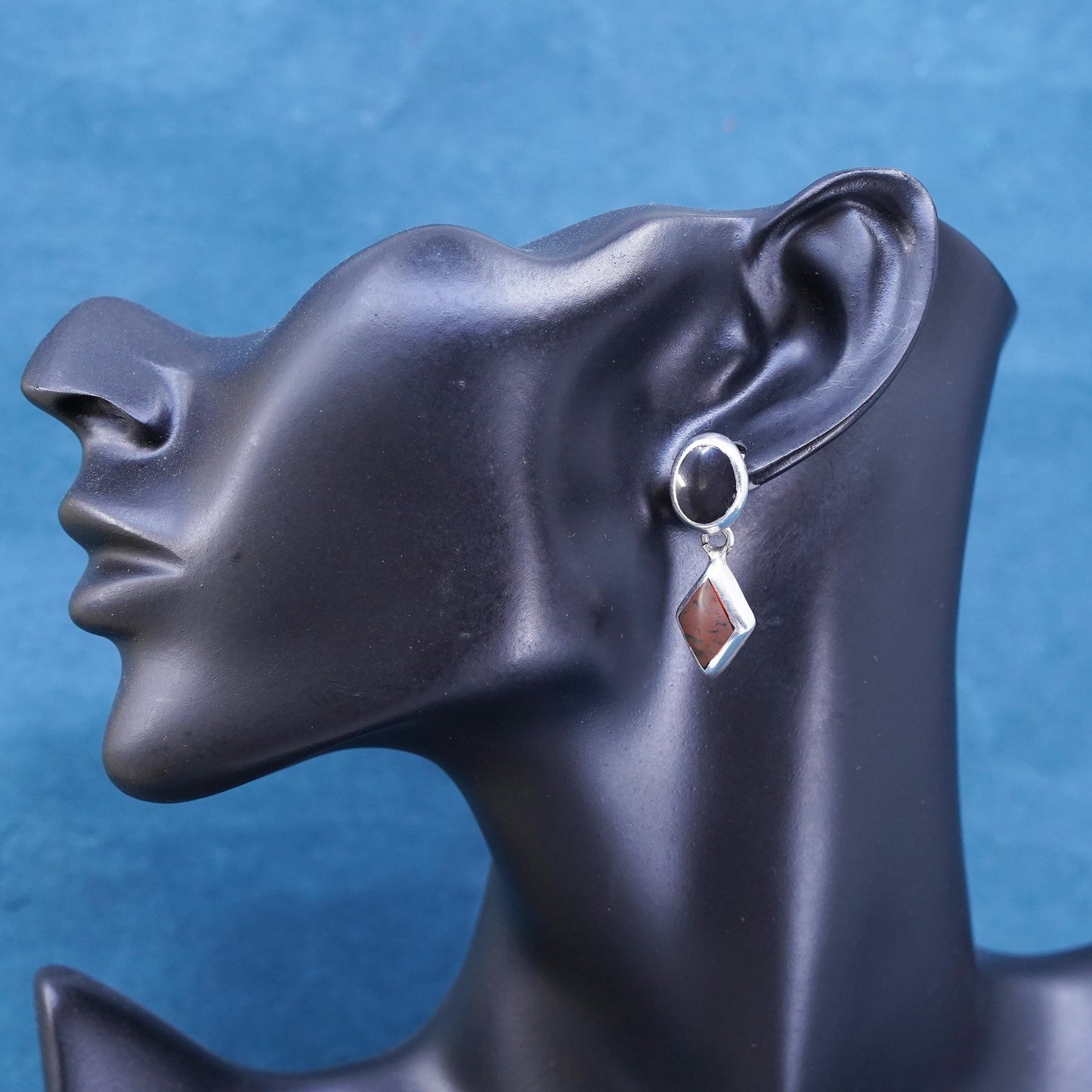 Vintage Mexican Sterling 925 silver handmade earrings with oval onyx and Jasper