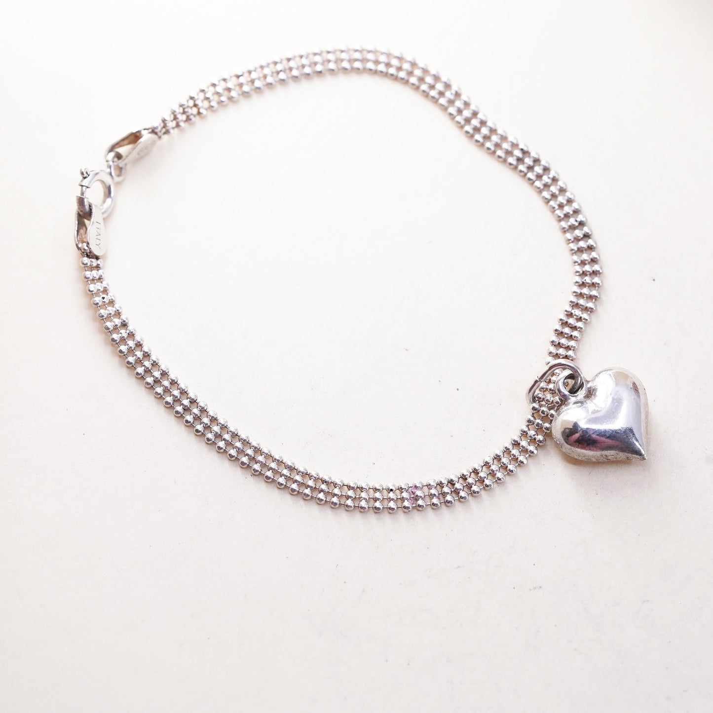 7” 4mm, Vintage Italian sterling silver bracelet, 925 bead chain heart charm