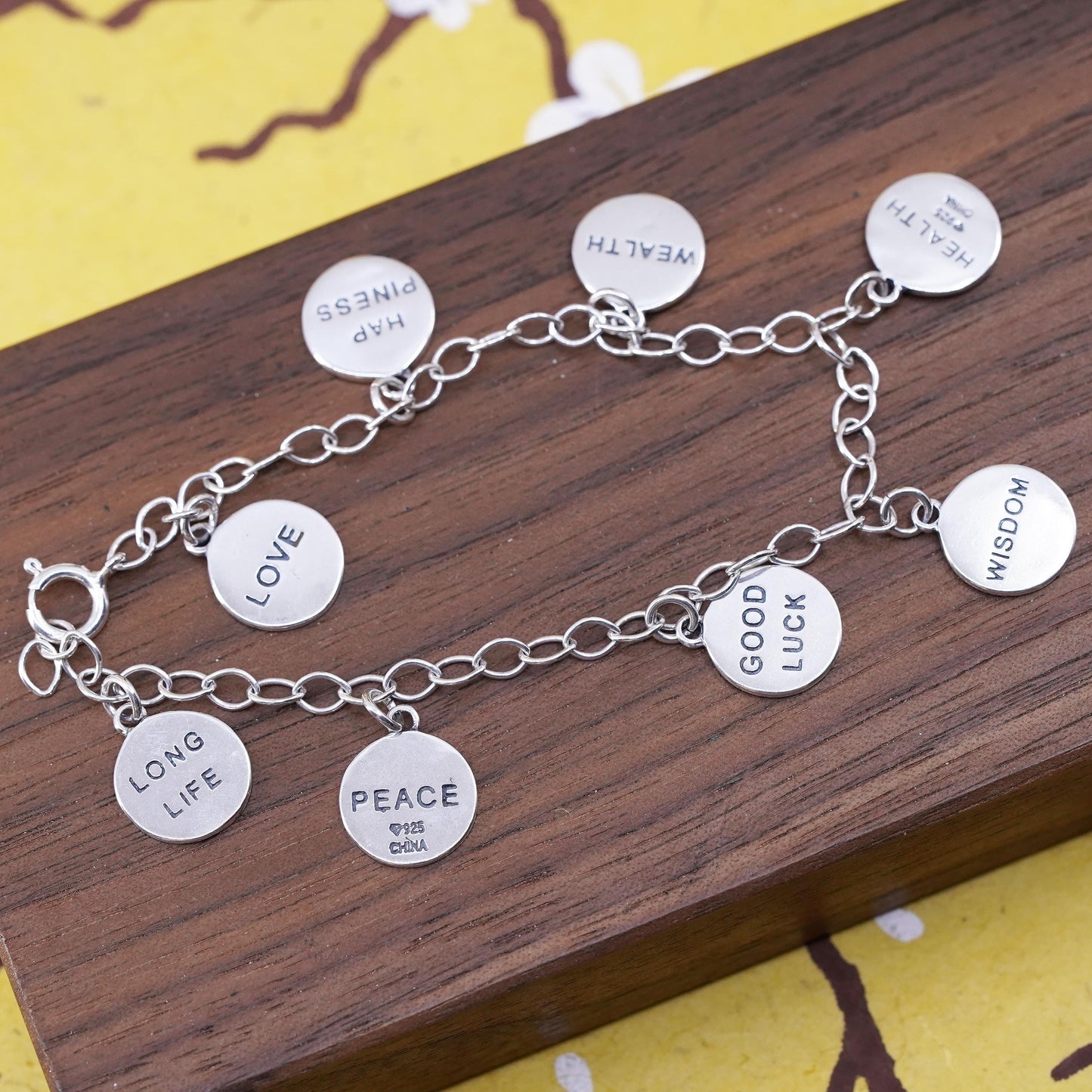 7.25” Sterling silver charm bracelet, 925 oval chain happiness wisdom good luck