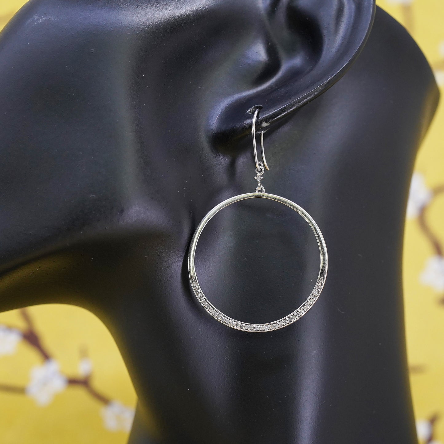 2", vintage Sterling silver handmade earrings, 925 circle hoops with diamonds