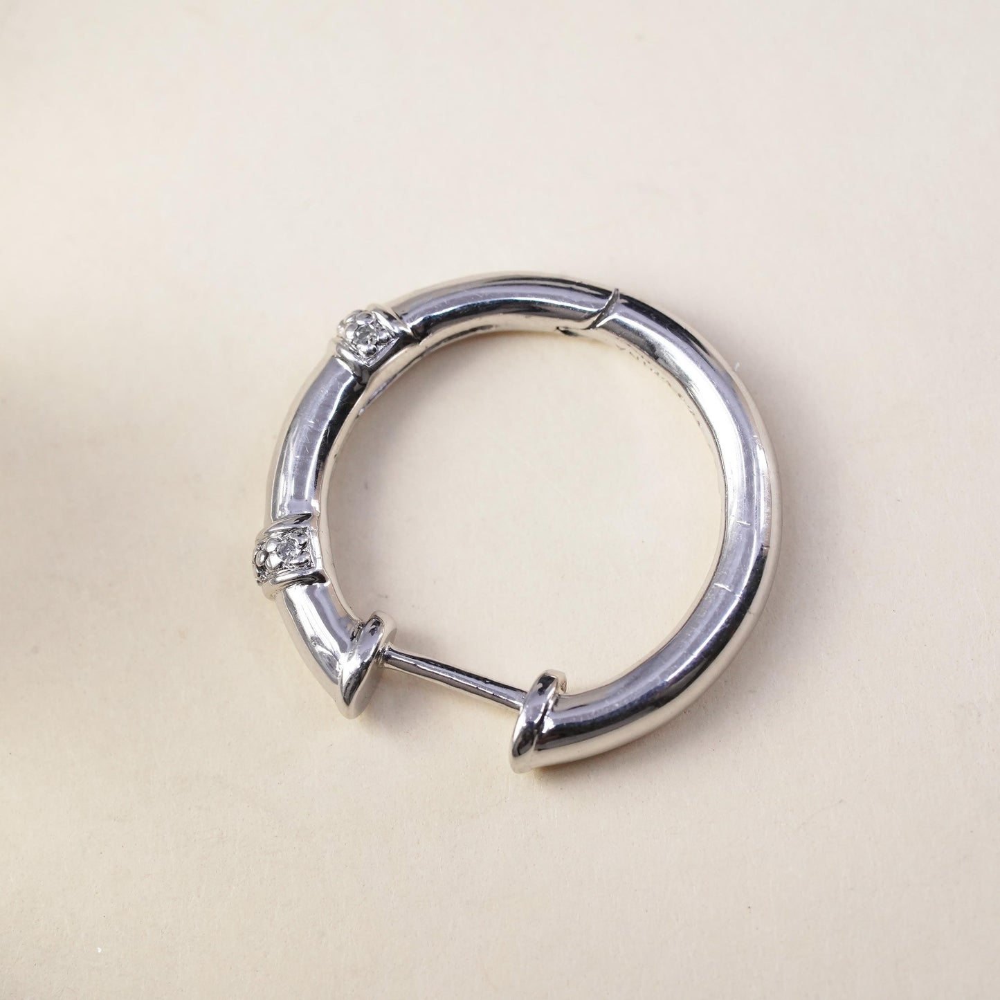 0.75", Vintage sterling silver loop single earring, bamboo hoop with diamonds
