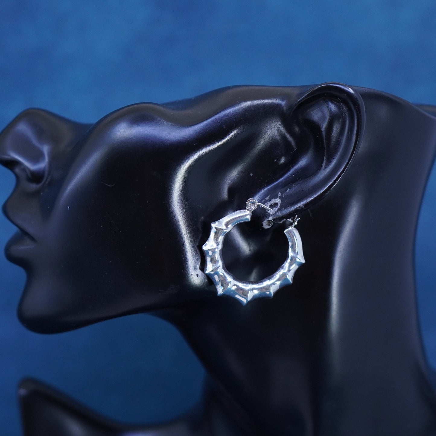 1.25”, Sterling silver handmade hoop earrings, 925 bamboo textured huggie