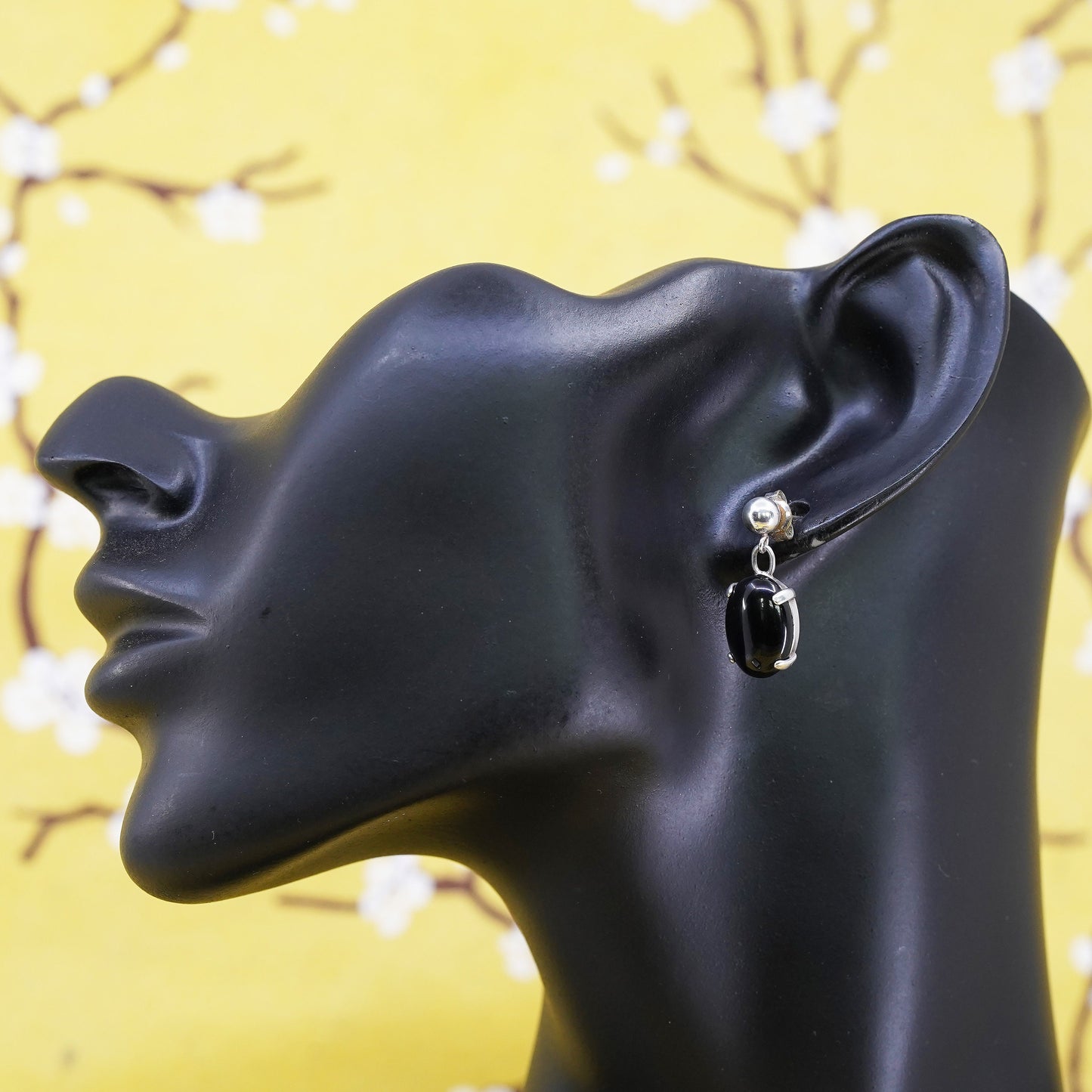 Vintage Sterling 925 silver handmade earrings with oval onyx dangles