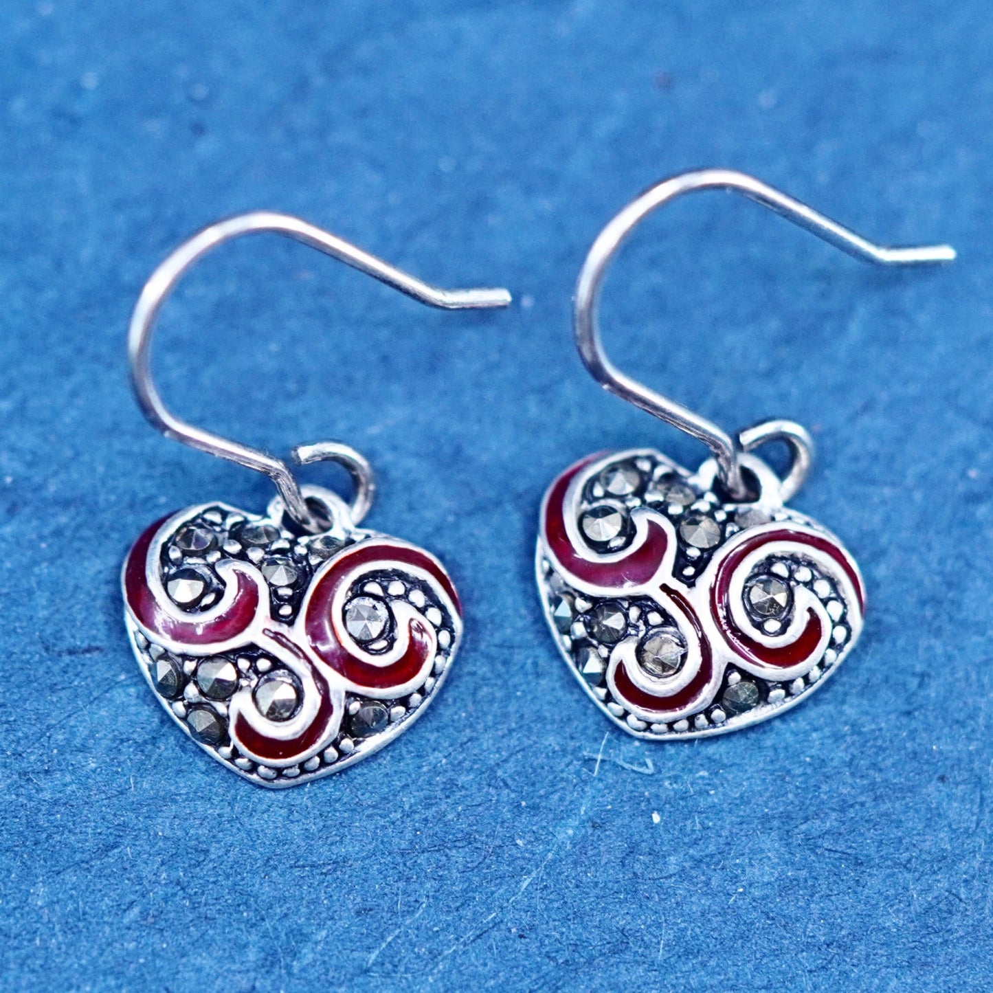 sterling 925 silver handmade heart earrings with red enamel and marcasite