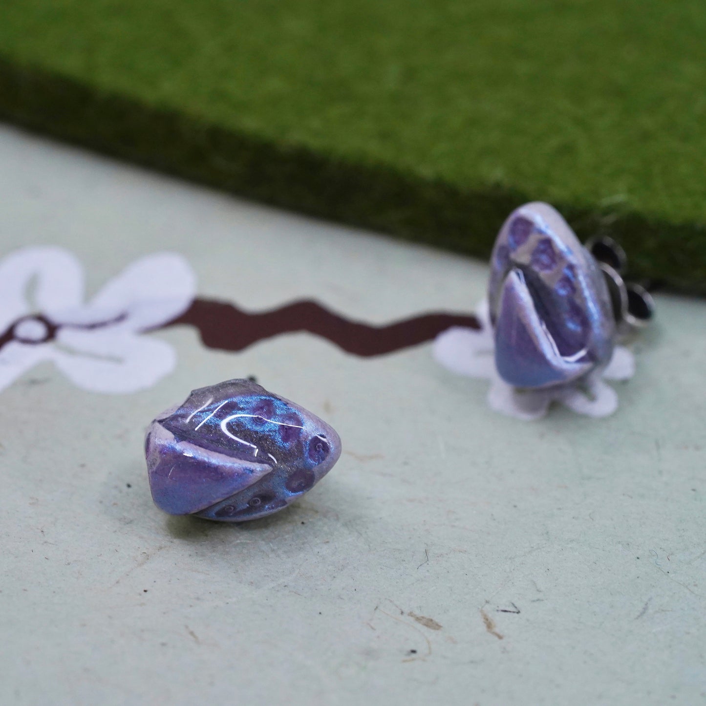 Vintage Sterling silver earrings, 925 studs with glittering resin purple nugget