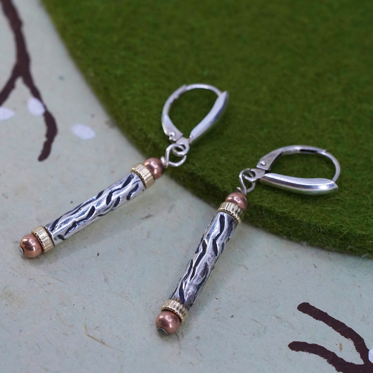 Vintage triple tone sterling 925 silver tube drops earrings with brass copper