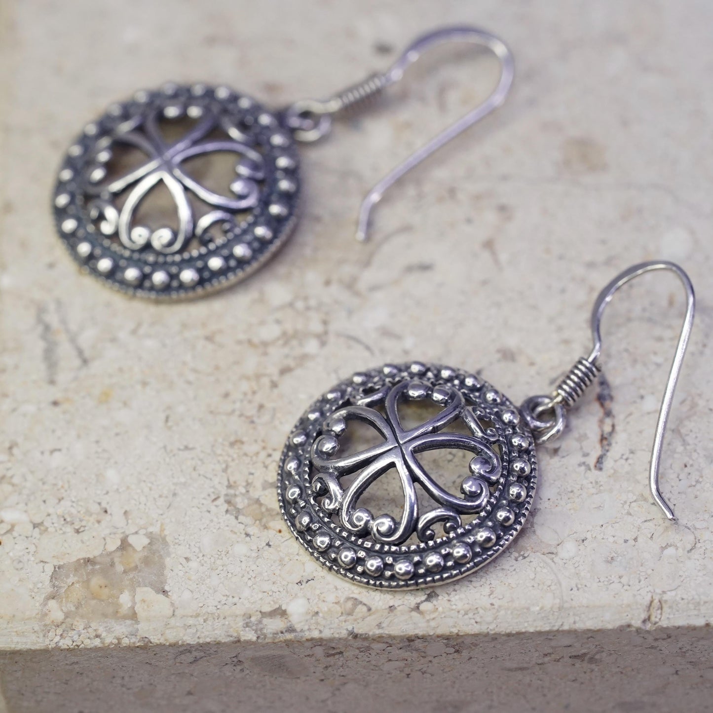Vintage Sterling silver handmade earrings, 925 filigree circle dangles
