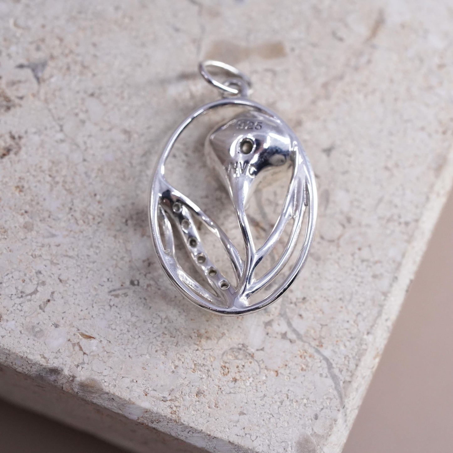 Vintage Sterling silver handmade pendant, 925 lily flower with cz