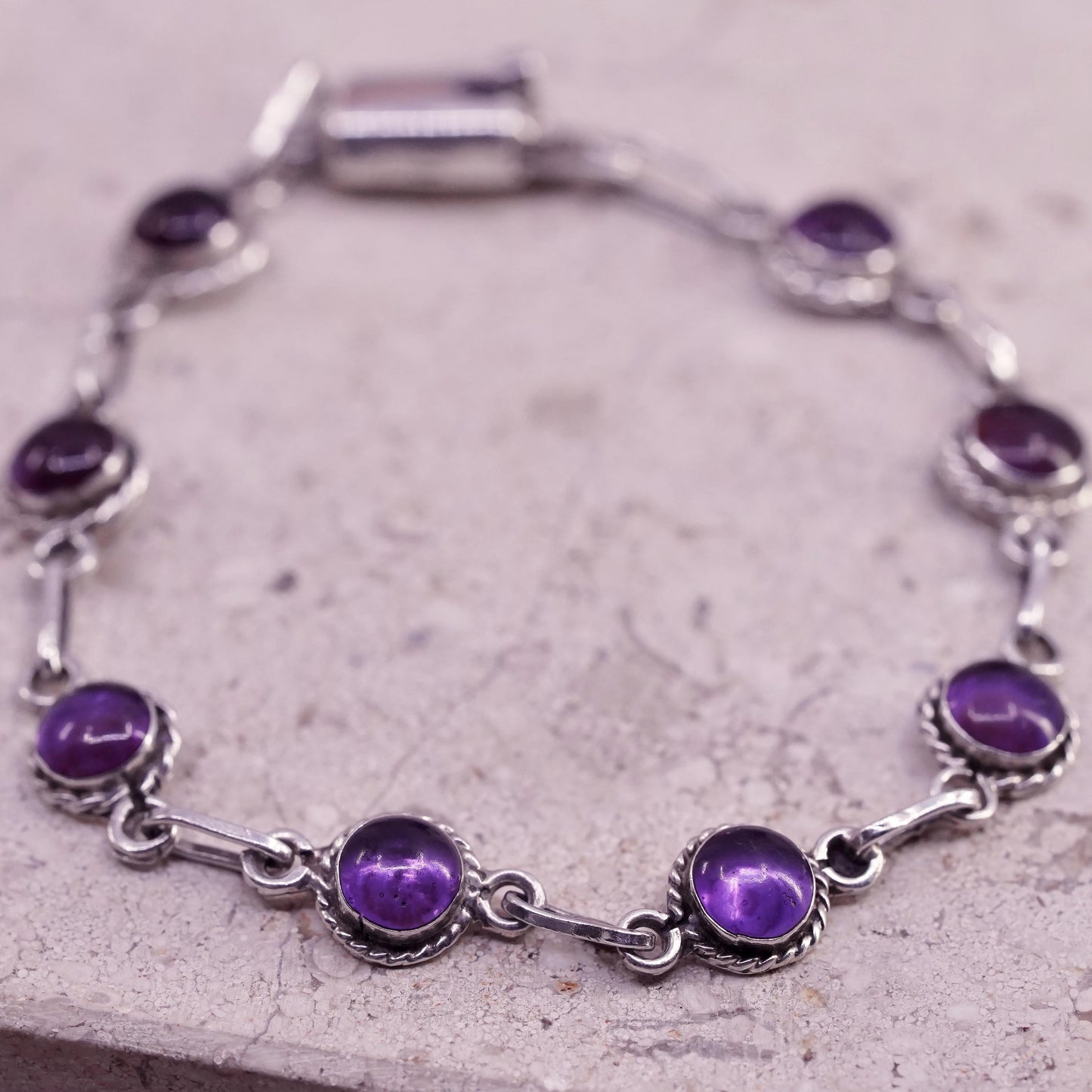 6.25", vintage Mexican sterling bracelet, 925 silver chain with amethyst beads