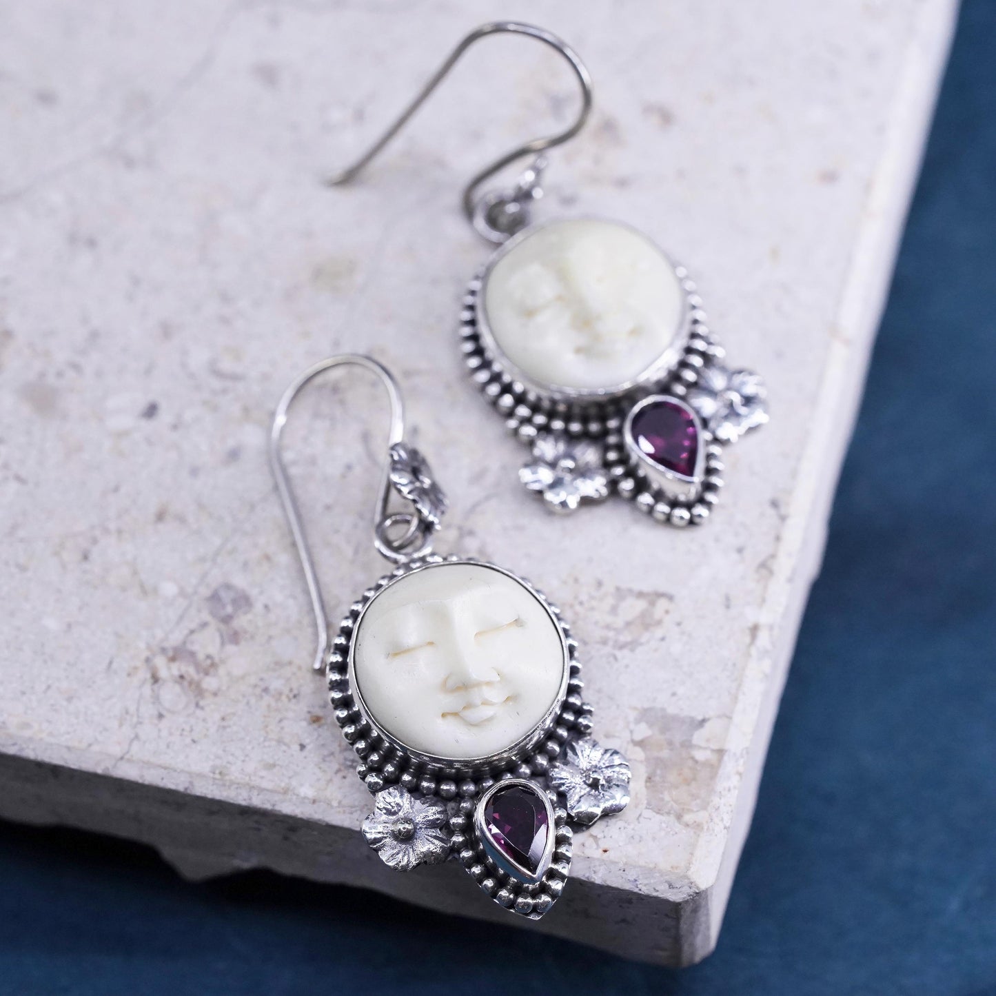 sterling silver 925 floral earrings with carved moonface and teardrop ruby