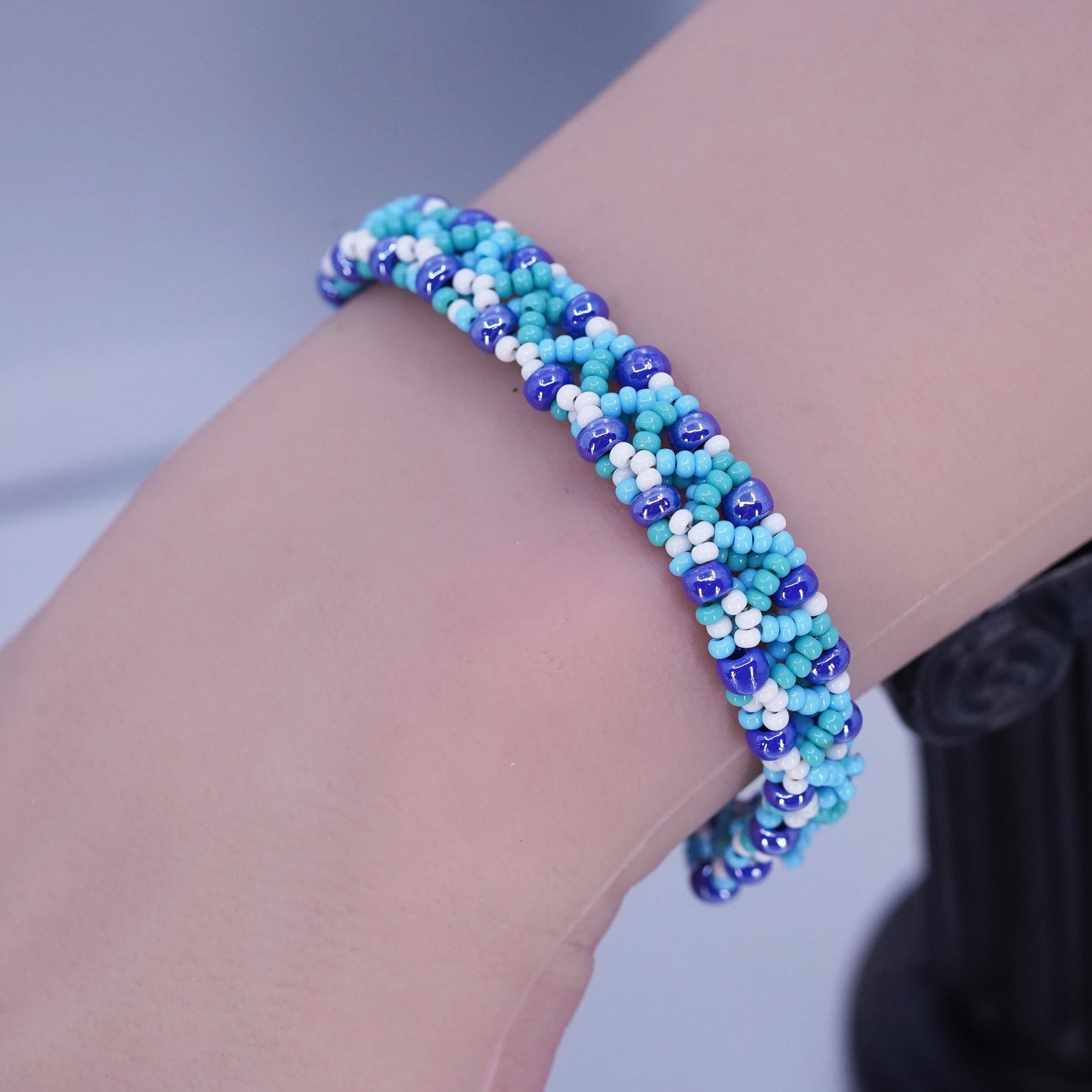6.5”, vintage Sterling 925 silver bracelet with cluster blue crystal beads