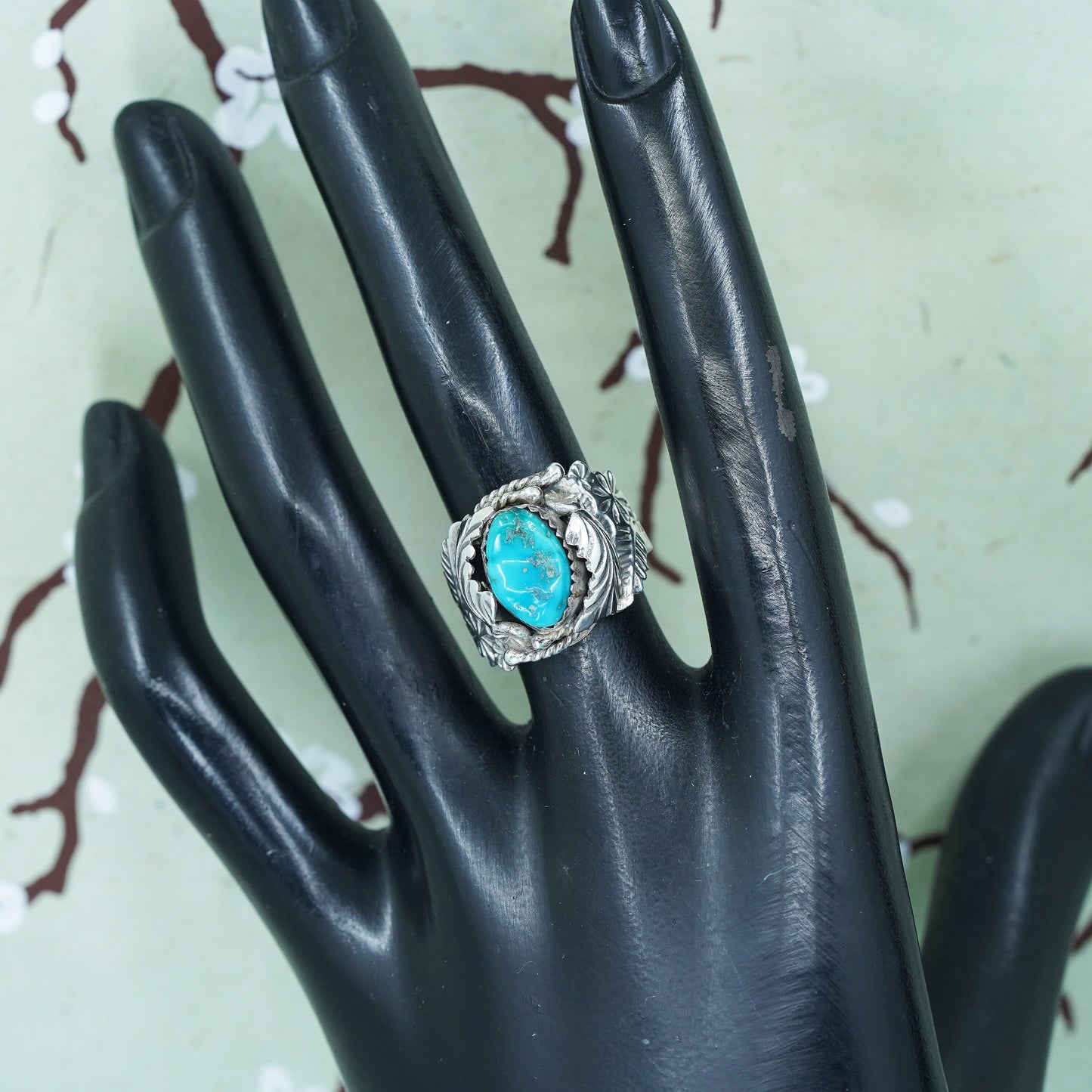 Size 7, Native American FW sterling silver ring, 925 band w/ turquoise feather