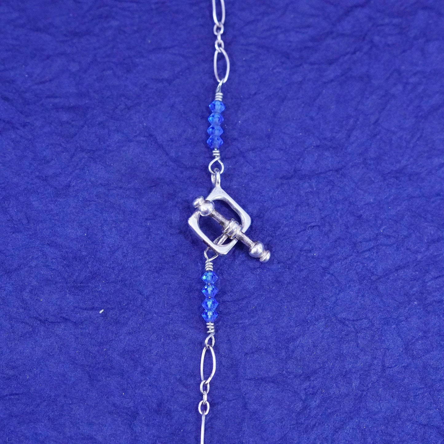 15”, vintage Sterling silver handmade necklace, 925 elongated chain w/ blue Cz