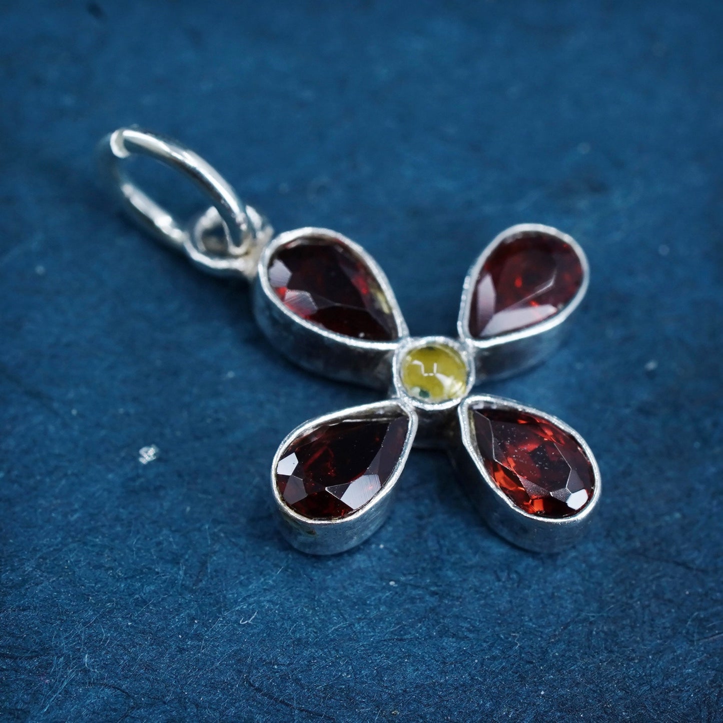 Vintage Sterling silver handmade pendant, 925 flower with ruby and citrine