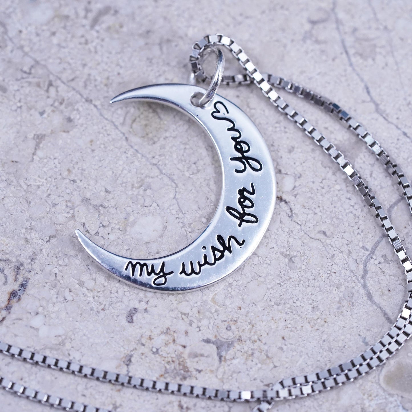 18" Sterling silver necklace, 925 box chain moon pendant “my wish for you”