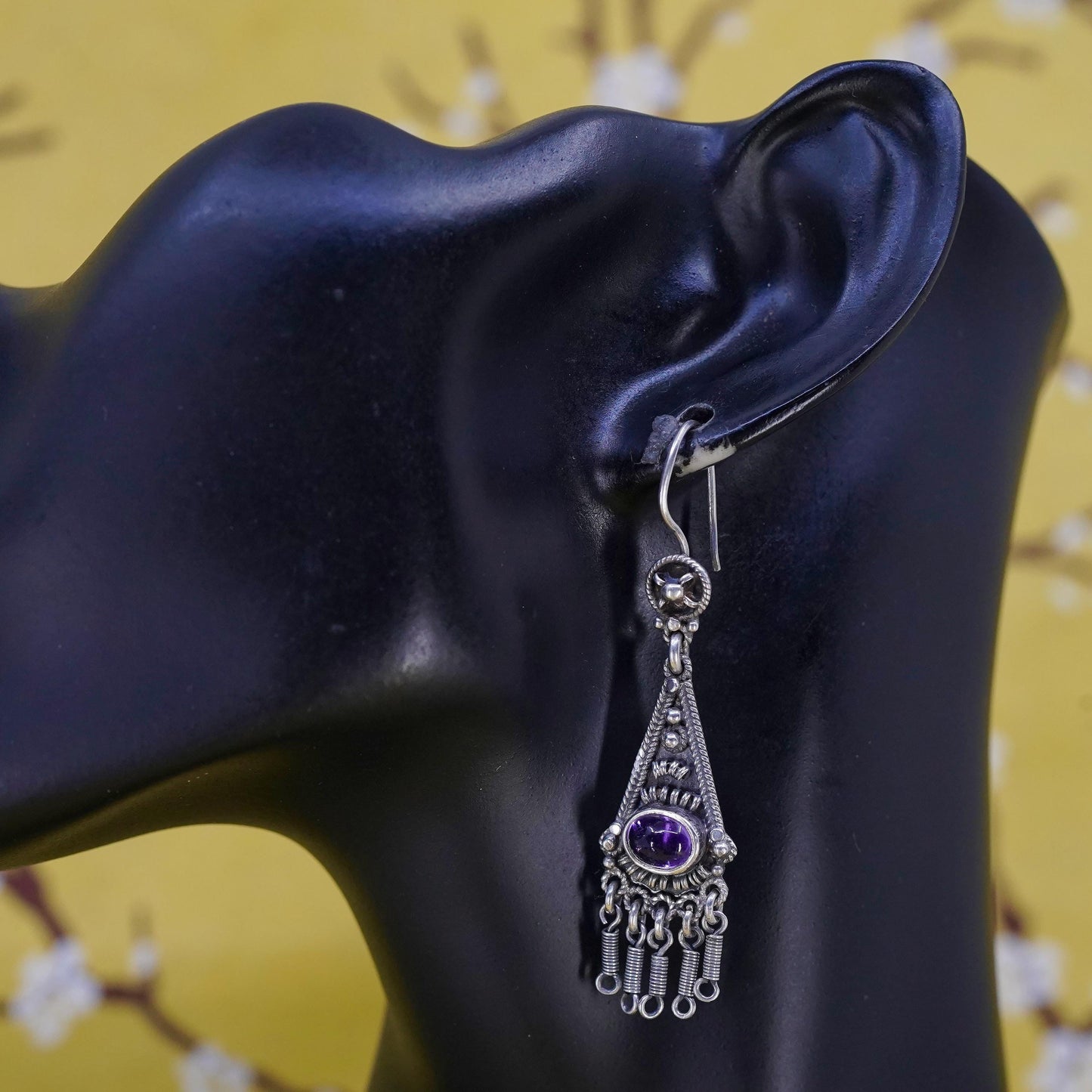 southwestern Sterling 925 Silver wired Earrings amethyst. Ethnic Tribal Jewelry