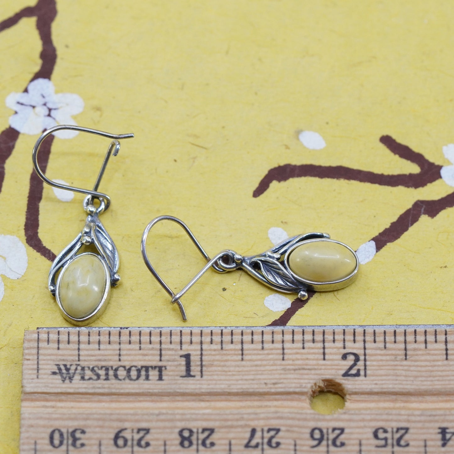 Vintage Israel Sterling silver handmade earrings, 925 leaves with white jasper