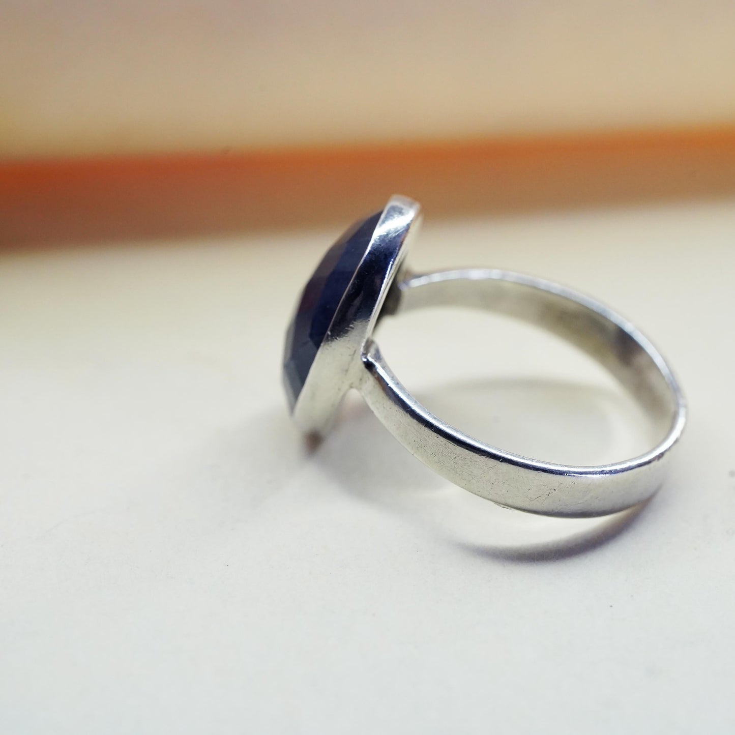 Size 9, Vintage sterling silver ring, 925 band w/ oval checkboard cut sodalite