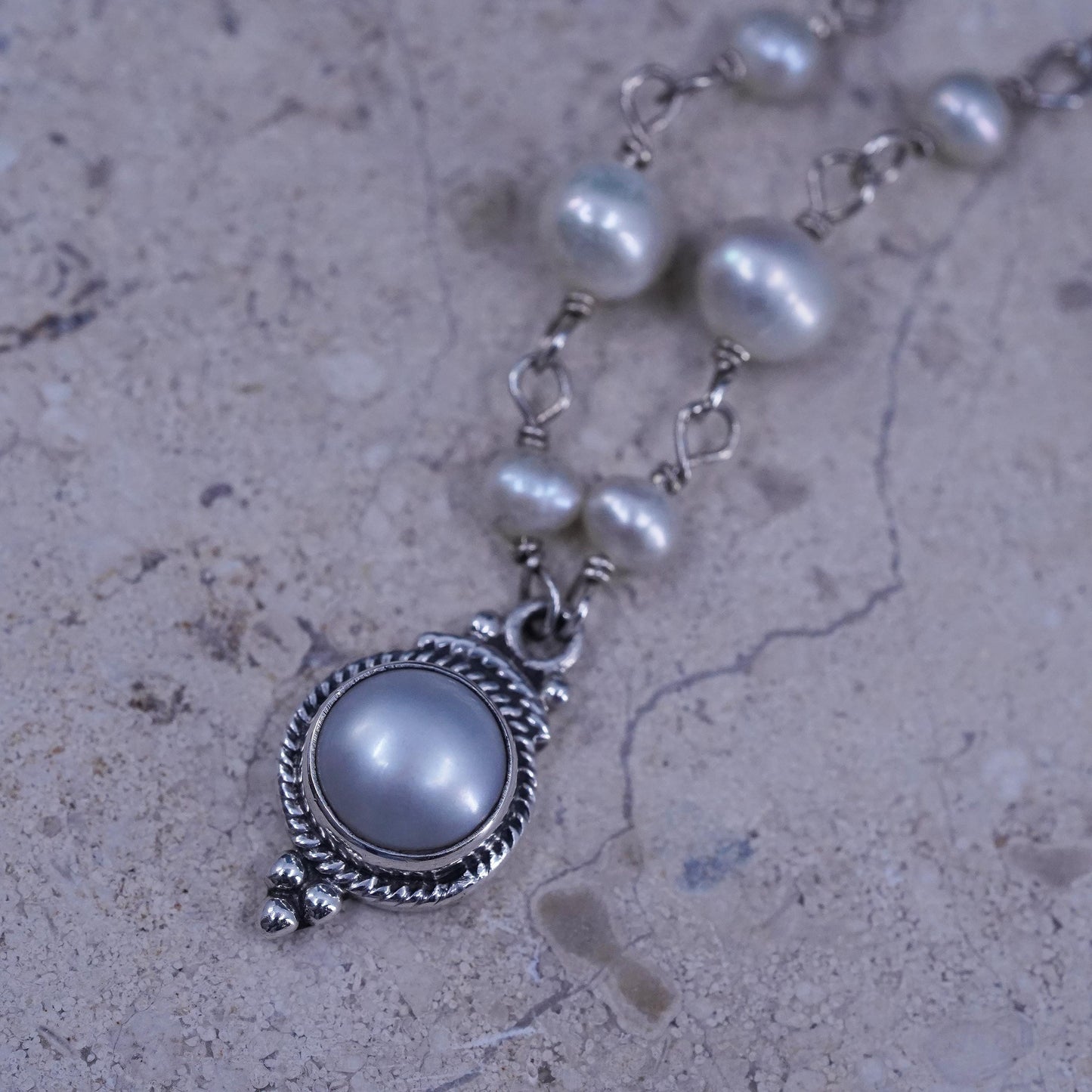 16+1” 2mm, vintage Sterling silver necklace, 925 figaro chain w/ pearl pendant
