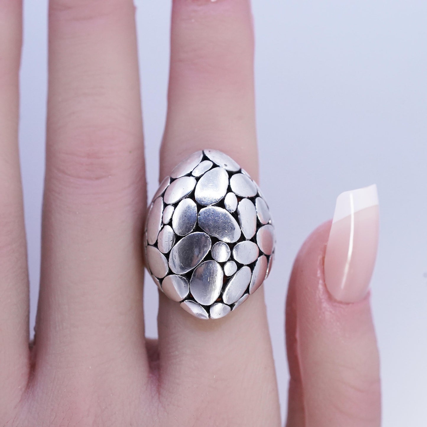 Size 7, Sterling Silver Cocktail Ring 925 Silver Statement Pebble textured Band