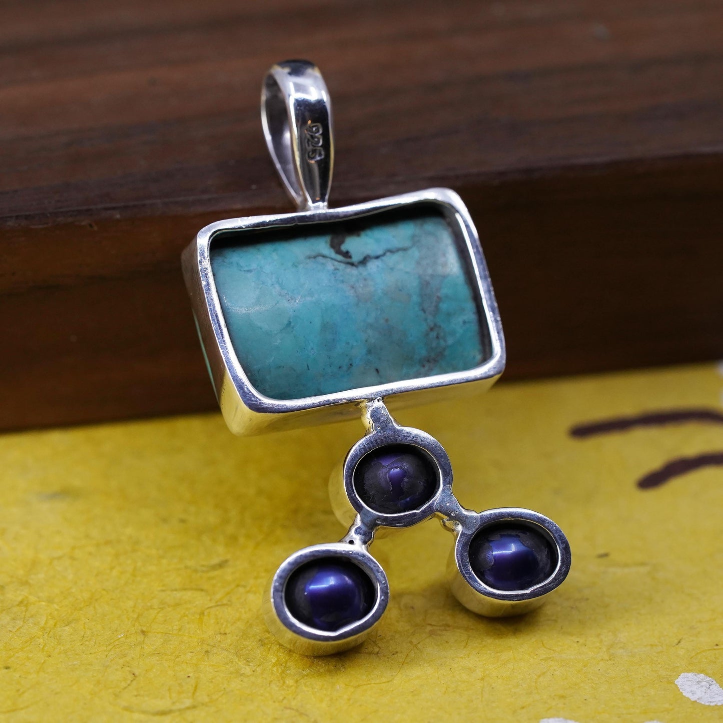 sterling silver pendant, southwestern 925 grapes with turquoise, black pearl
