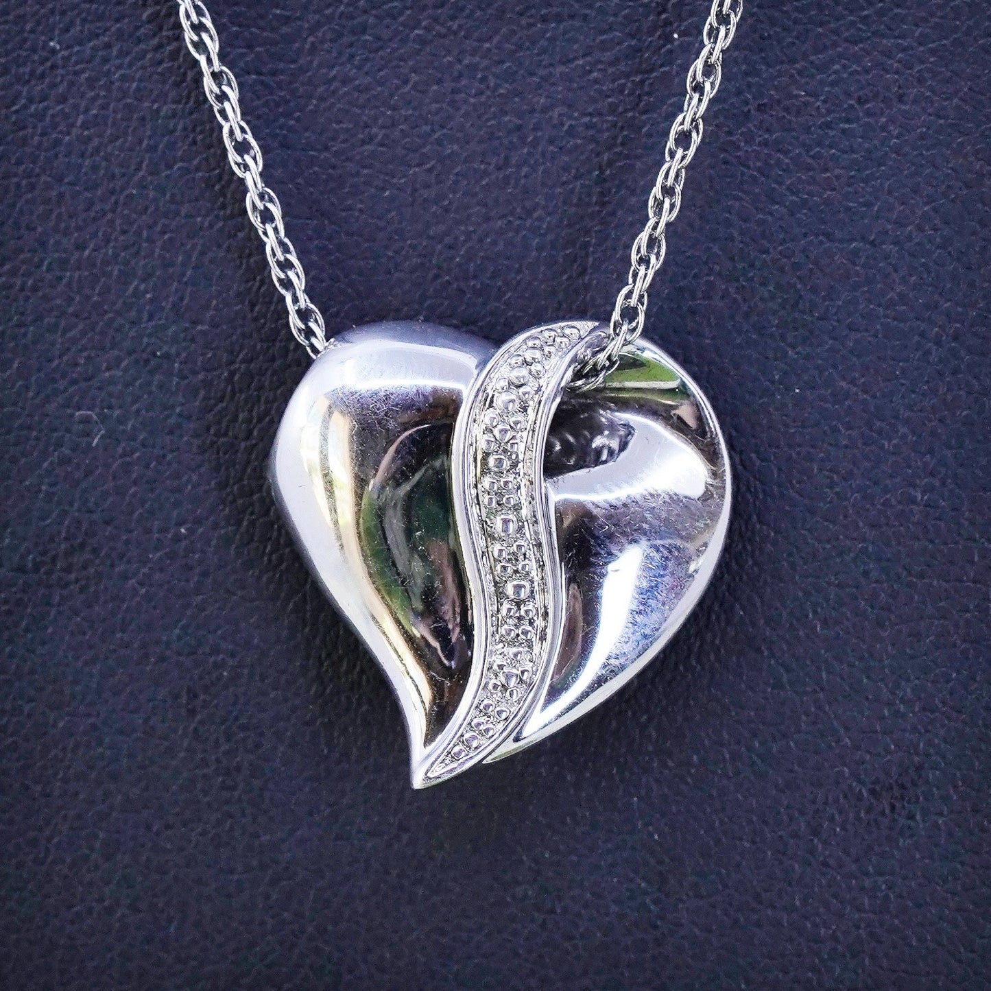 18”, Vintage Sterling 925 silver circle chain necklace Diamond Heart Pendant