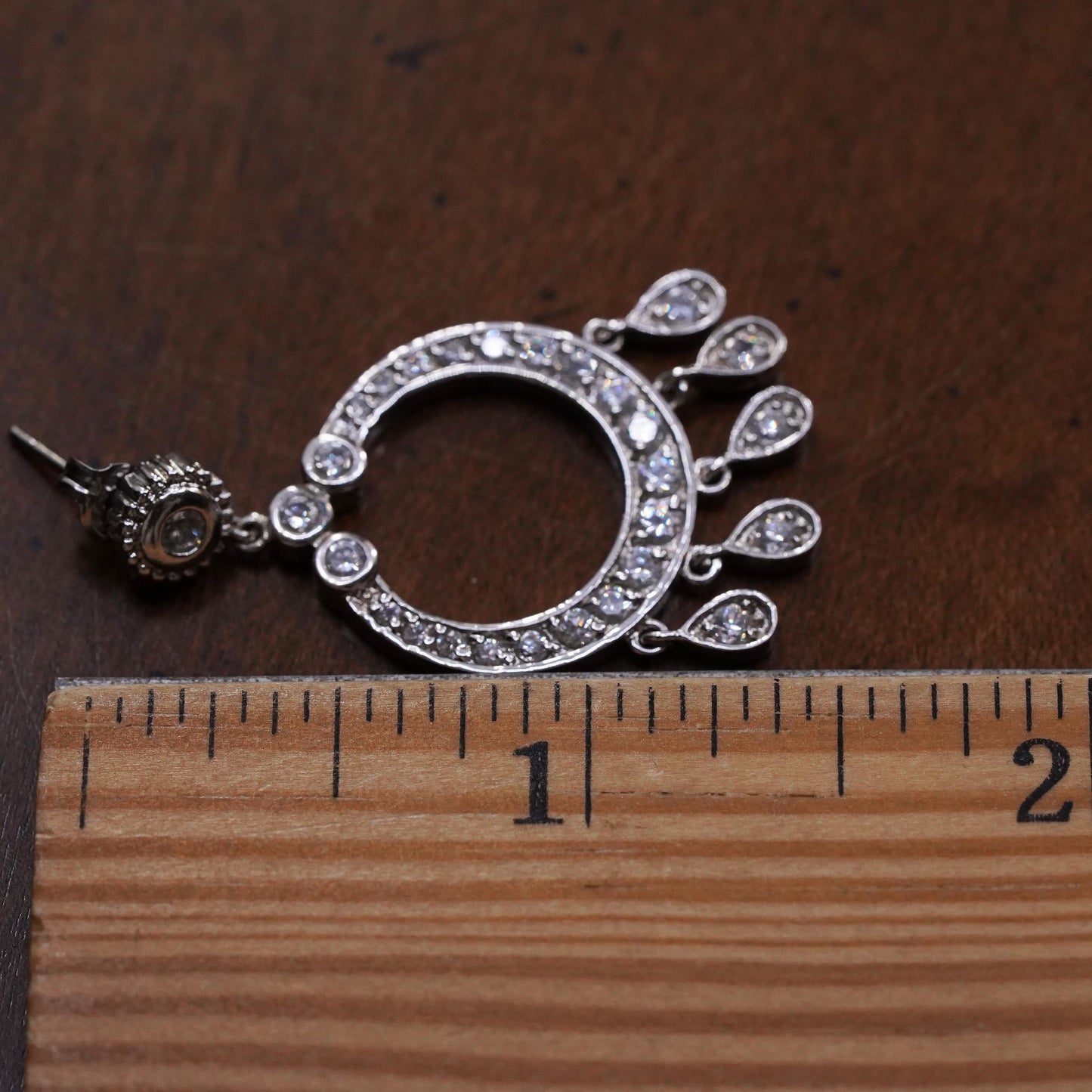 Vintage sterling silver single earring, 925 silver circle dangle with clear Cz