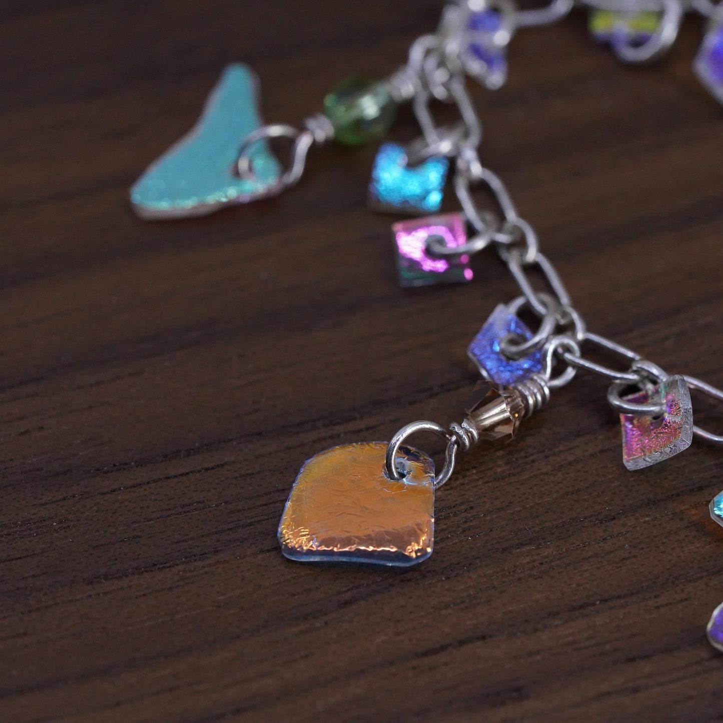 7.25", VTG Sterling silver handmade bracelet 925 oval chain foiled glass charms