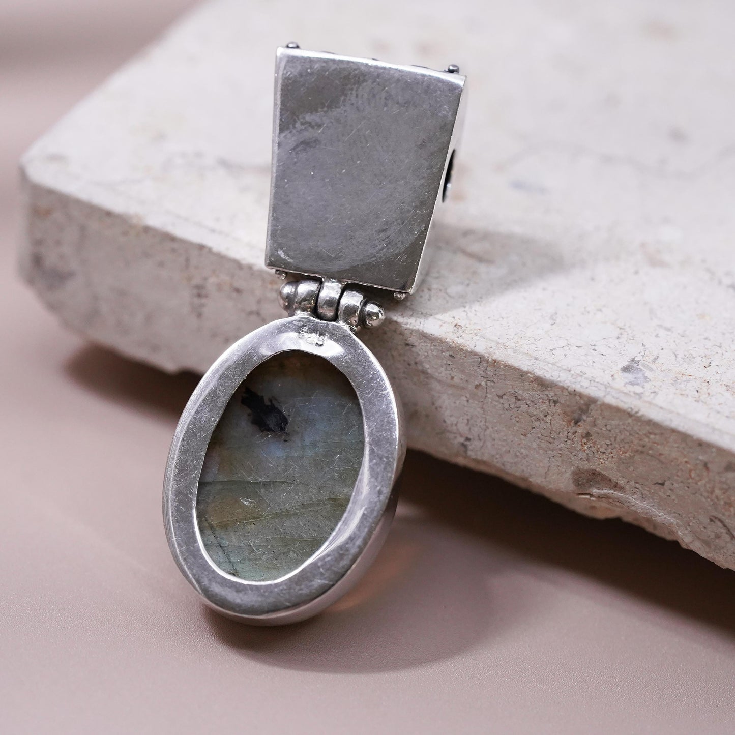 Vintage Sterling silver handmade pendant, 925 bead textured oval labradorite