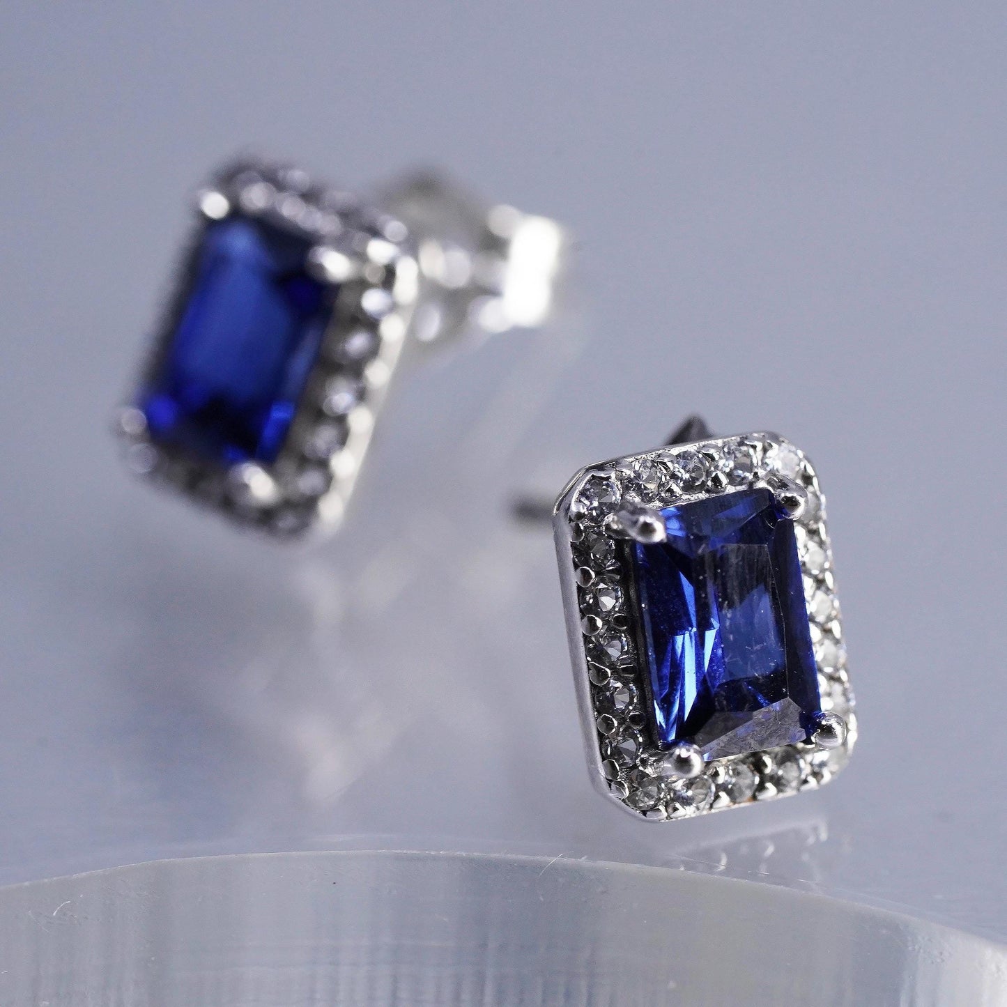 SUN Sterling 925 silver earrings, studs emerald cut sapphire cluster diamonds