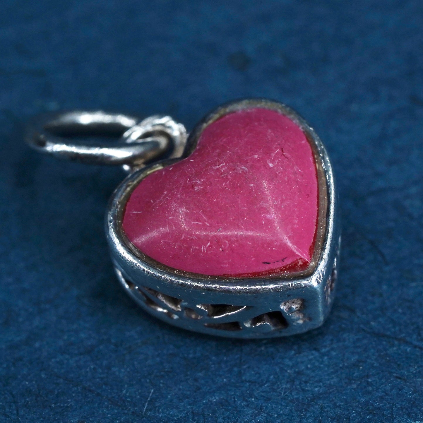 Vintage sterling silver handmade pendant, 925 heart with pink jasper inlay