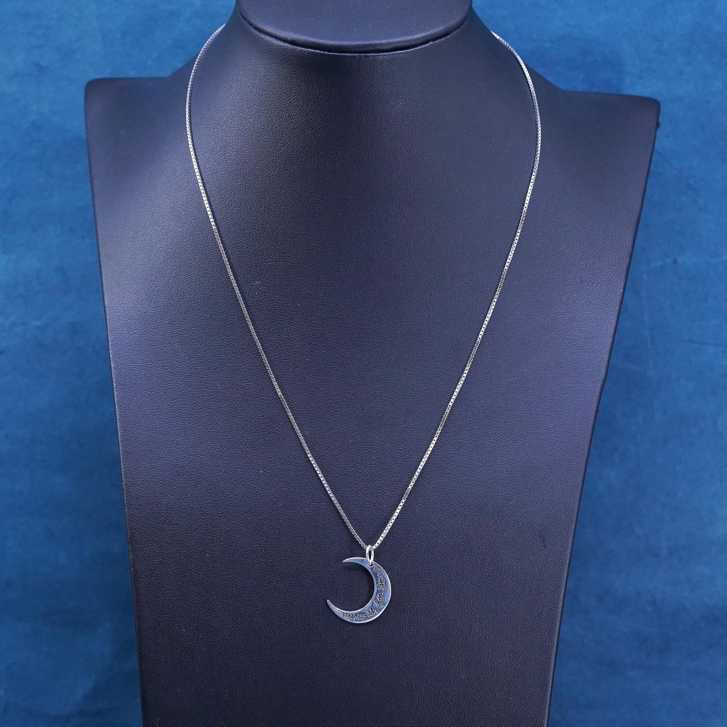 18" Sterling silver necklace, 925 box chain moon pendant “my wish for you”