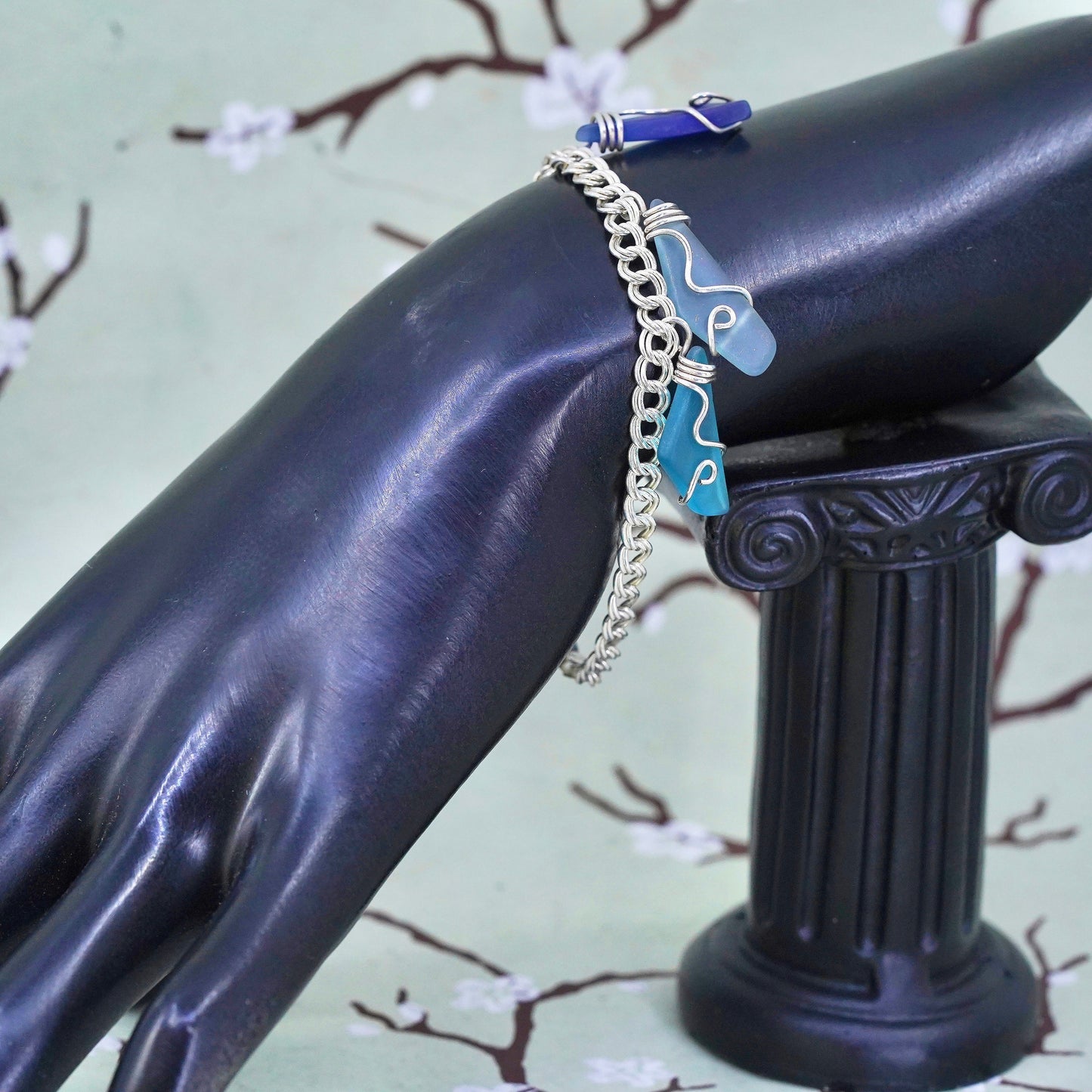 6.75”, Vintage sterling 925 silver double curb bracelet sea washed glass charms