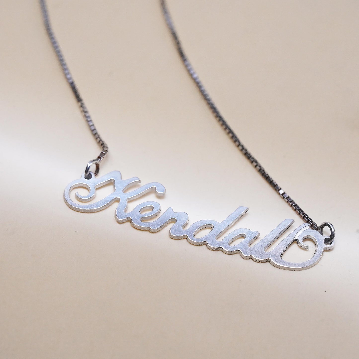 18", vintage sterling silver handmade necklace, box chain name Kendall pendant