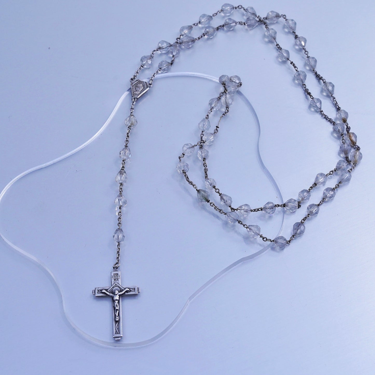 24”, Germany sterling 800 silver rosary necklace bead Jesus cross pendant