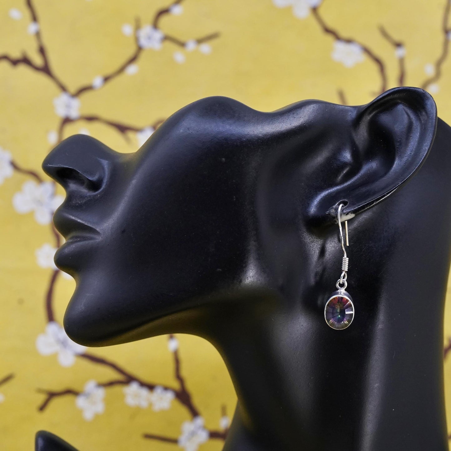 Vintage Sterling silver handmade earrings, 925 oval dangles rainbow topaz