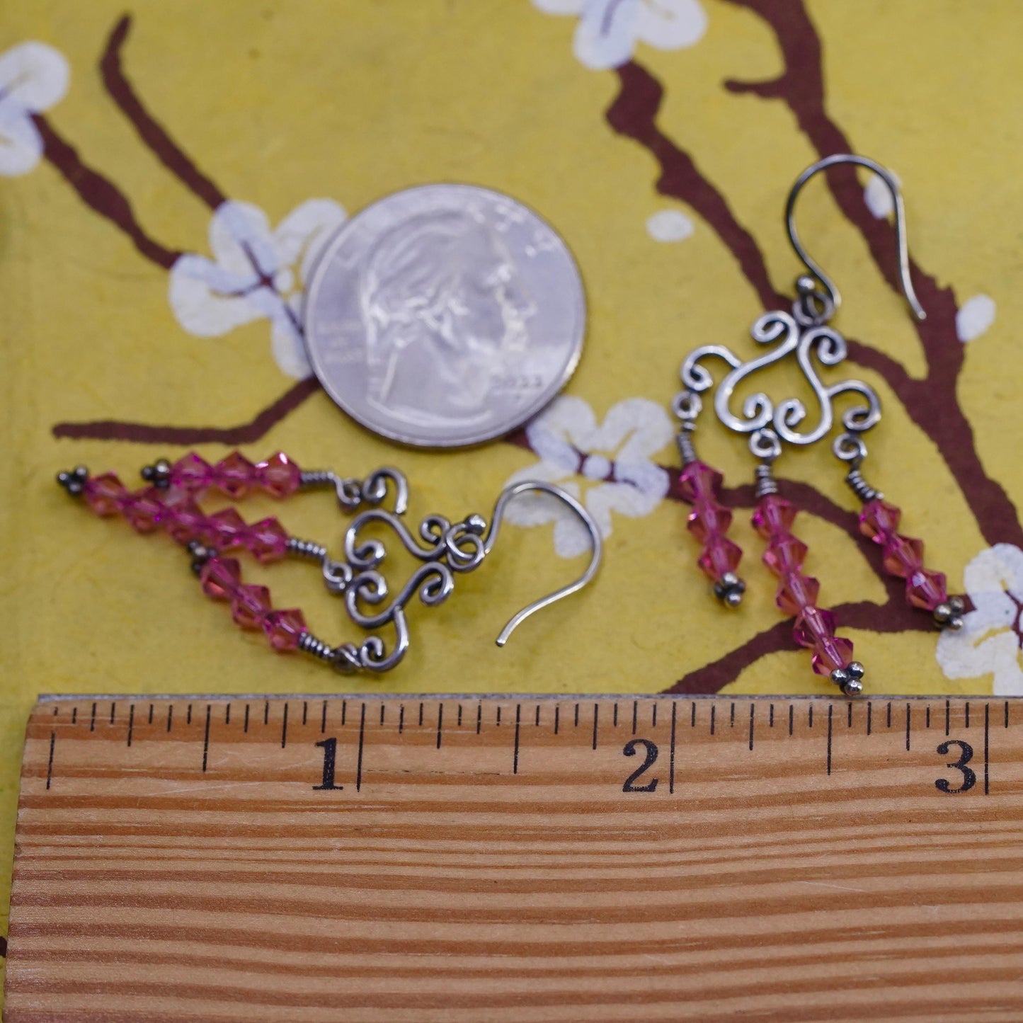 Vintage Sterling silver 925 handmade swirly earrings with pink crystal