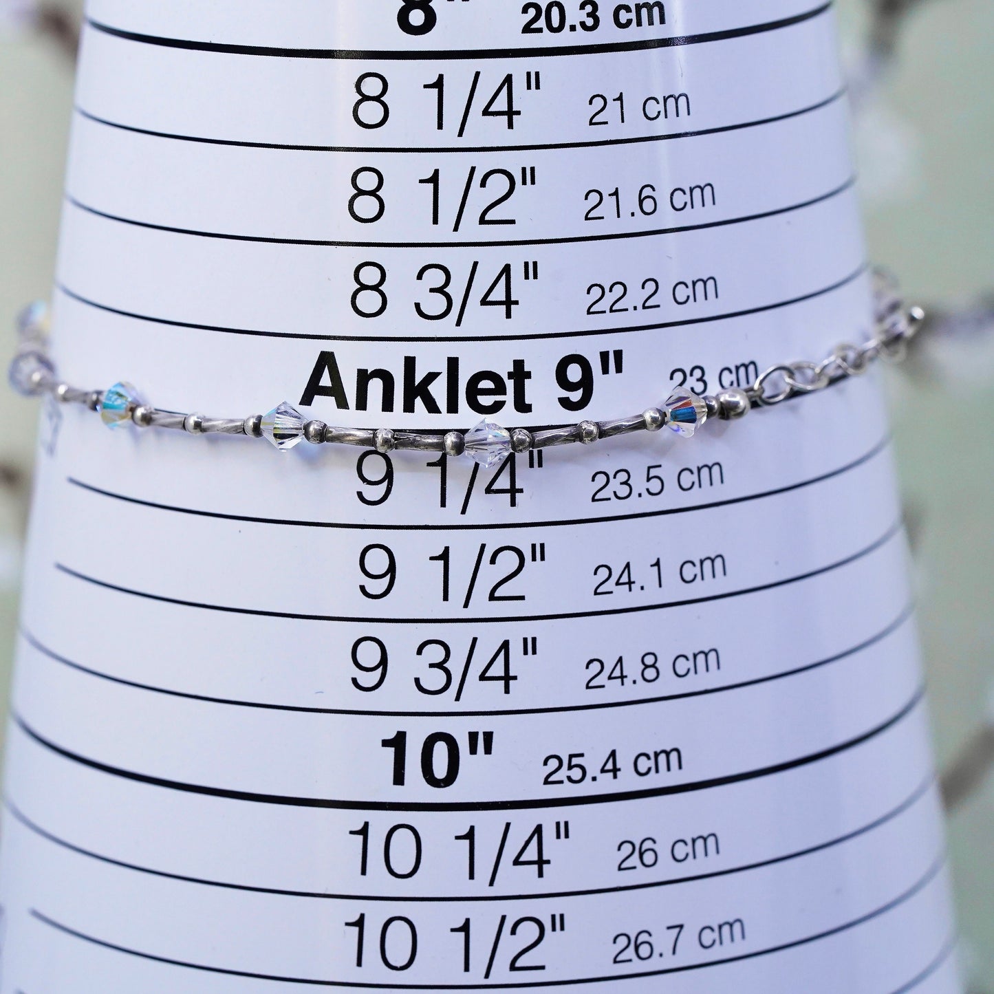 9", Vintage Handmade sterling silver anklet, 925 bar chain with crystal beads