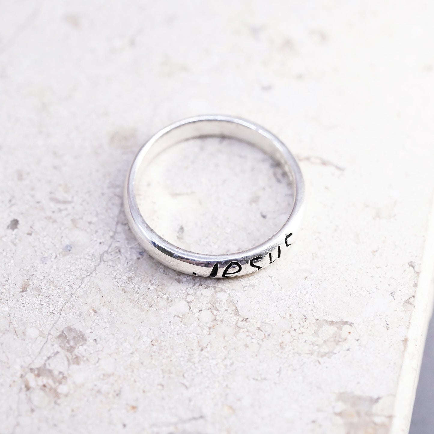 Size 8, vintage sterling silver handmade ring, 925 band with Jesus embossed
