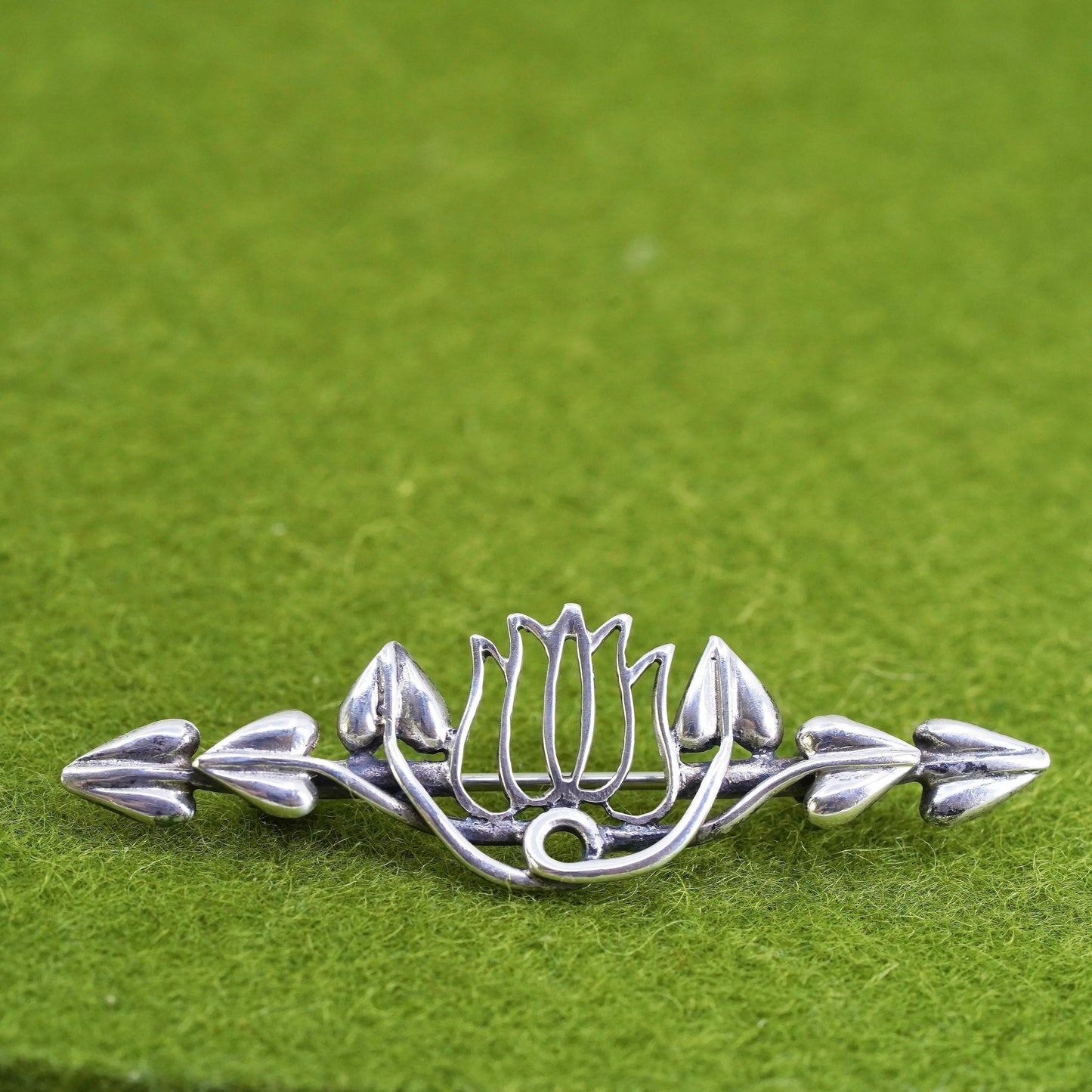 Vintage long sterling silver handmade brooch, 925 flower pin