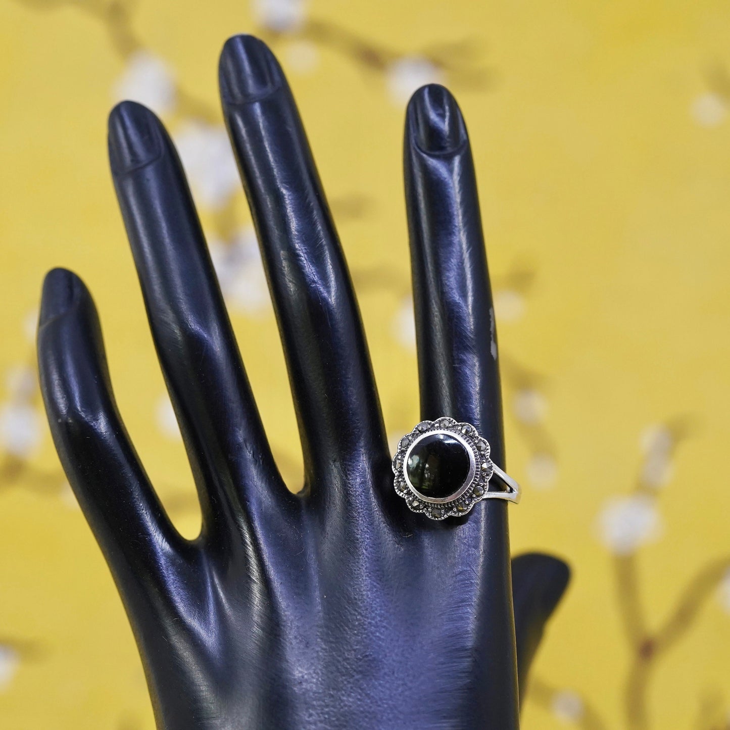 Size 9.25, Sterling 925 silver handmade ring with black onyx and marcasite