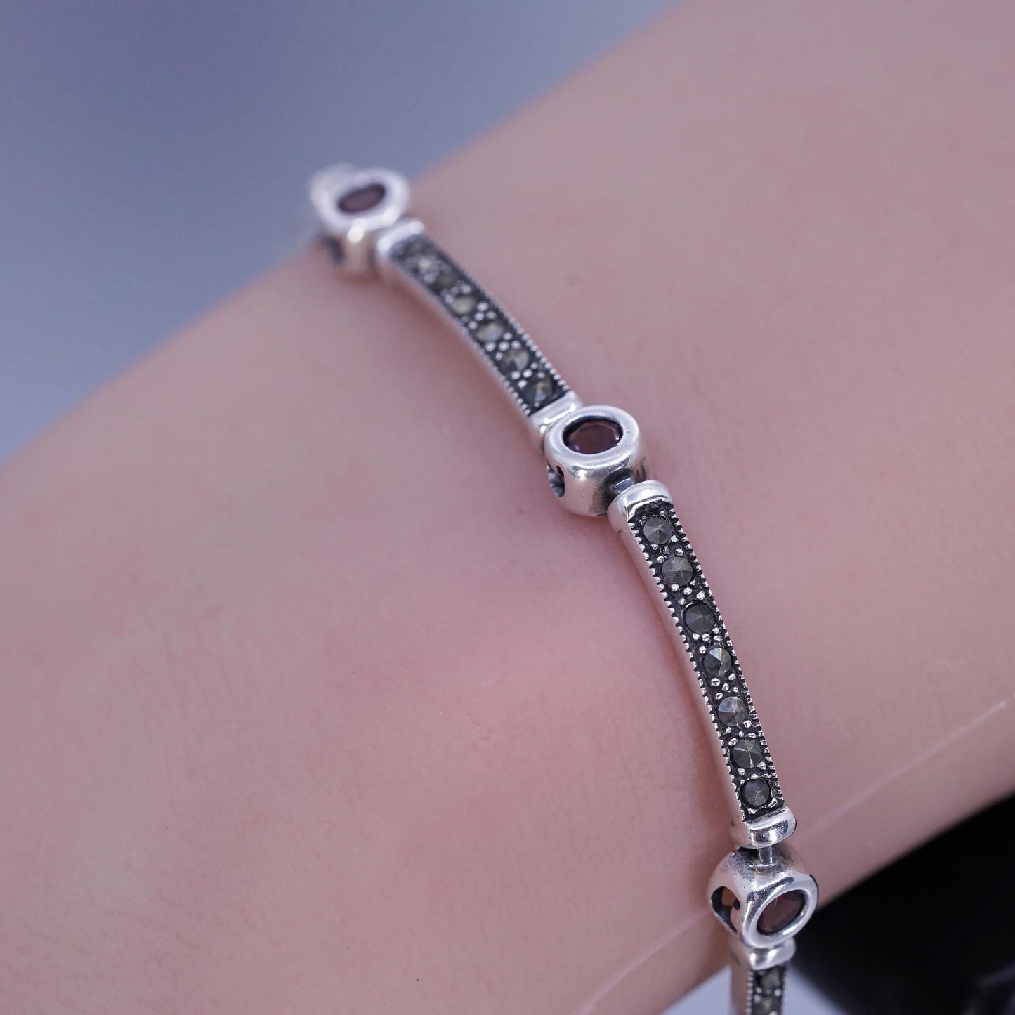 7.5”, Sterling 925 silver handmade bracelet, marcasite amethyst tennis chain
