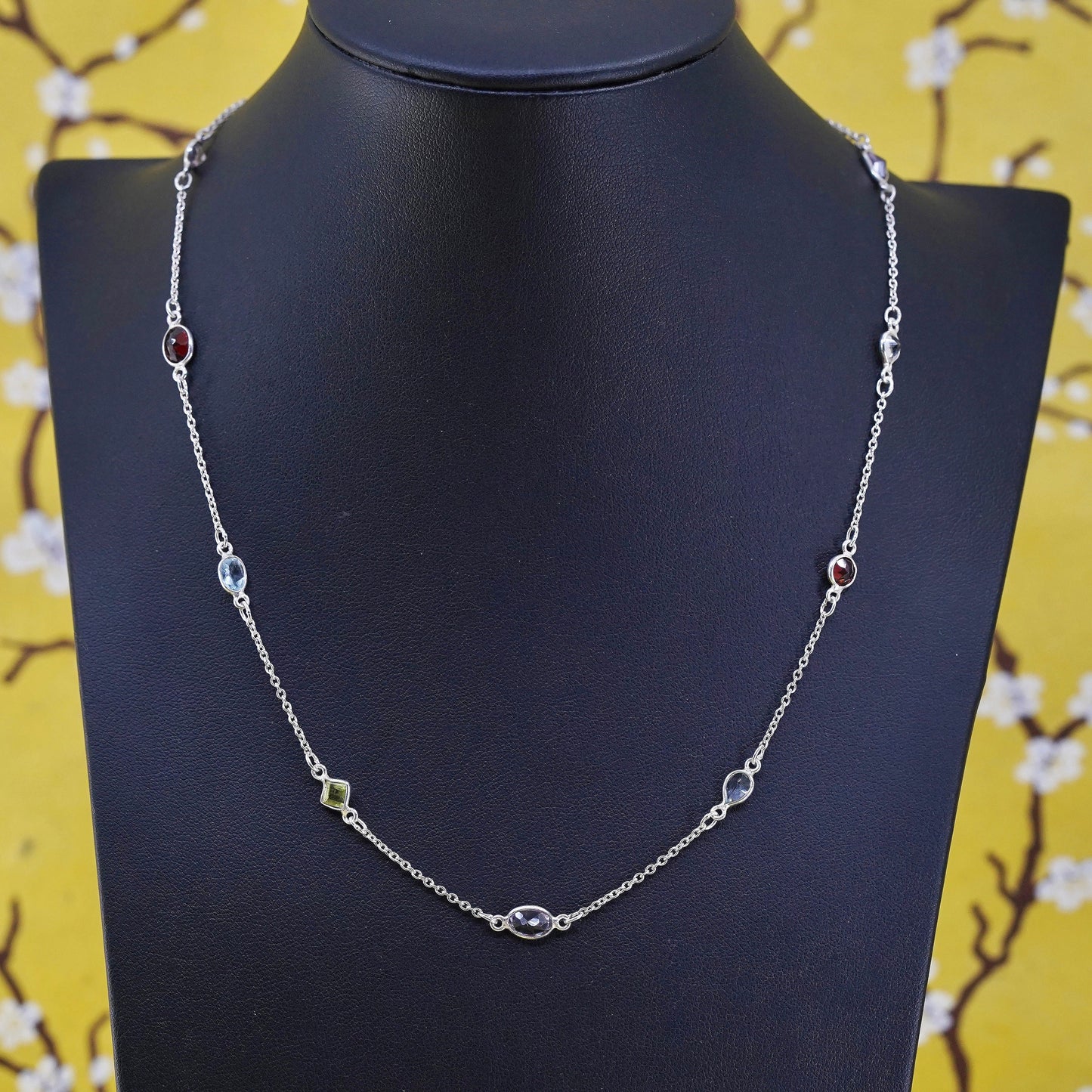 18”, Sterling silver necklace, 925 circle chain ruby, topaz,, peridot citrine