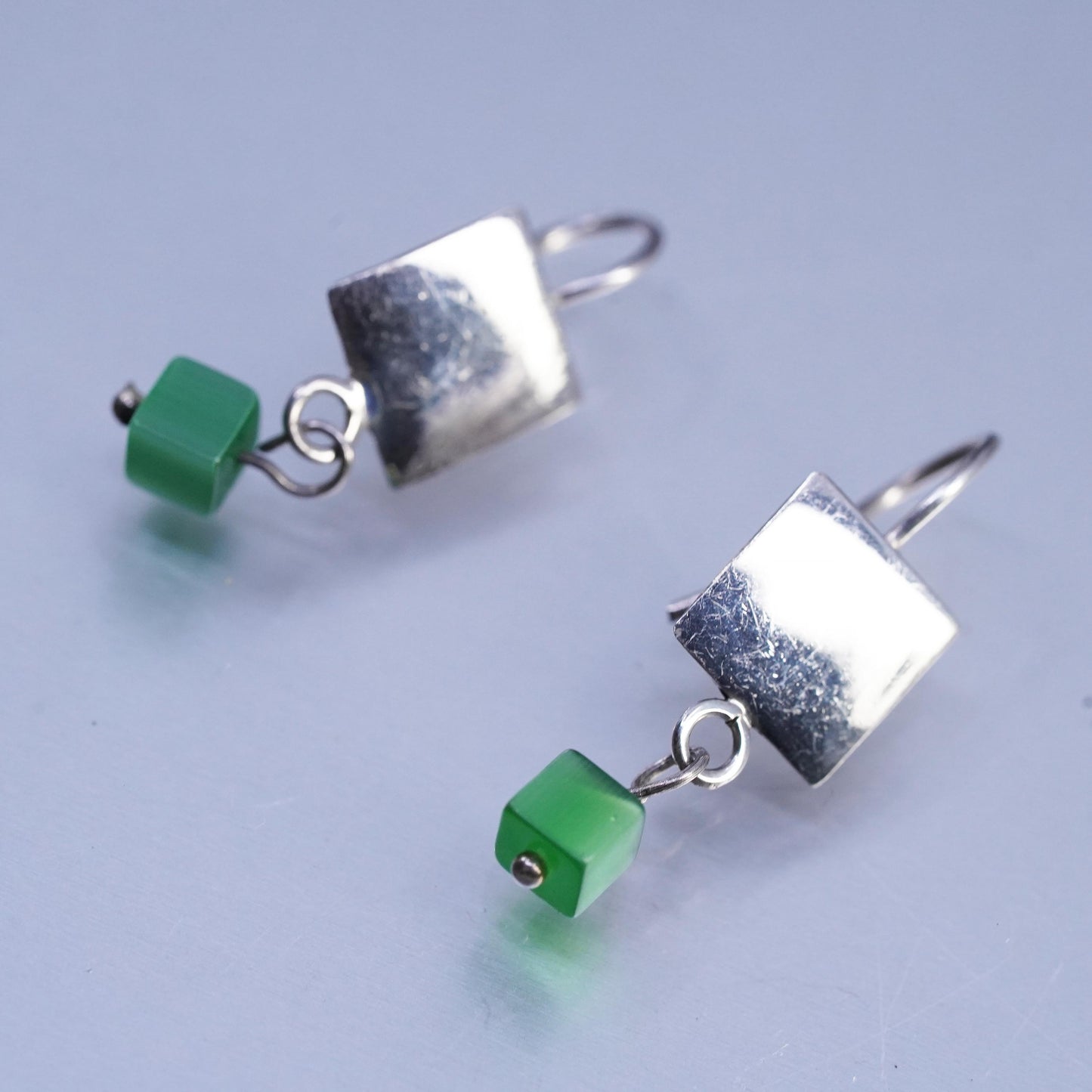 Vintage Sterling 925 silver earrings with square disc and green cat eye dangles