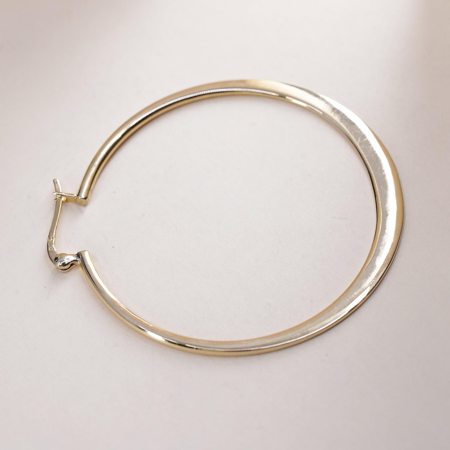 1.75", Vintage vermeil yellow gold sterling silver single earring, flatten hoop