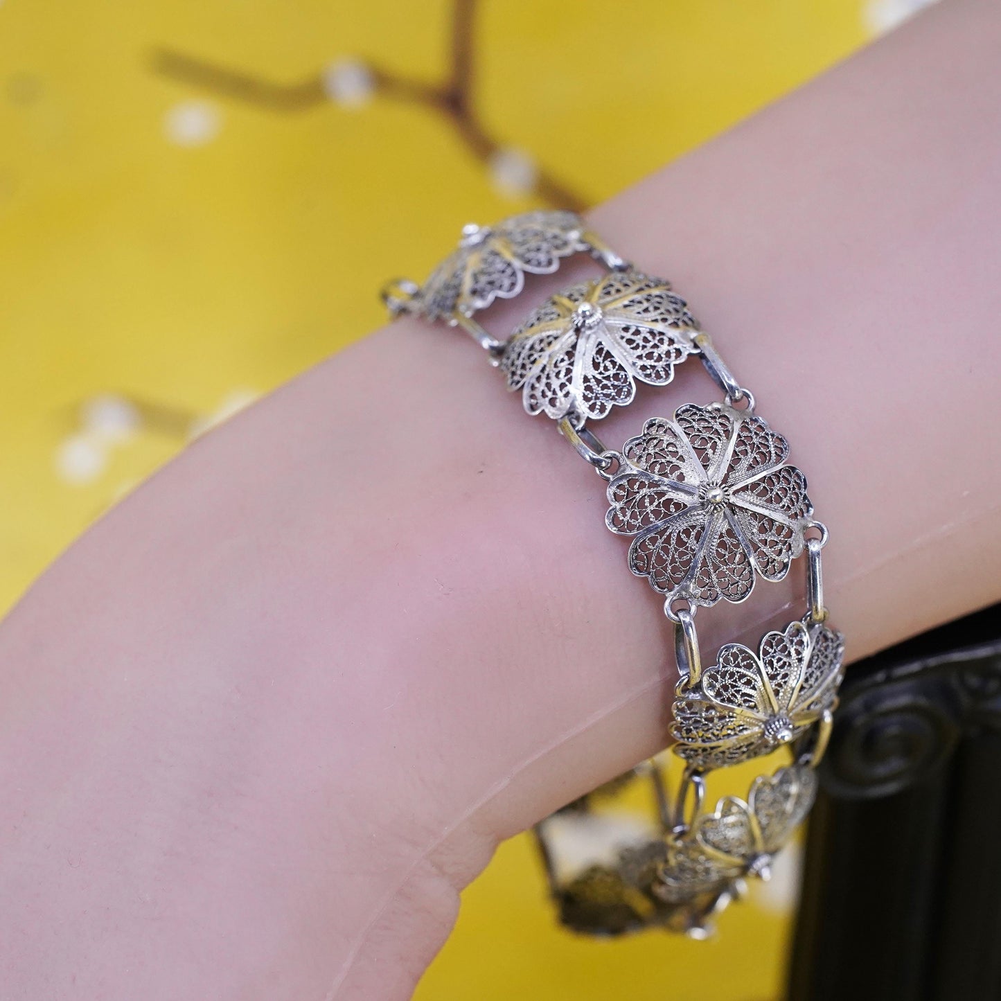 7.5", vintage Sterling silver handmade bracelet, 925 filigree flower chain