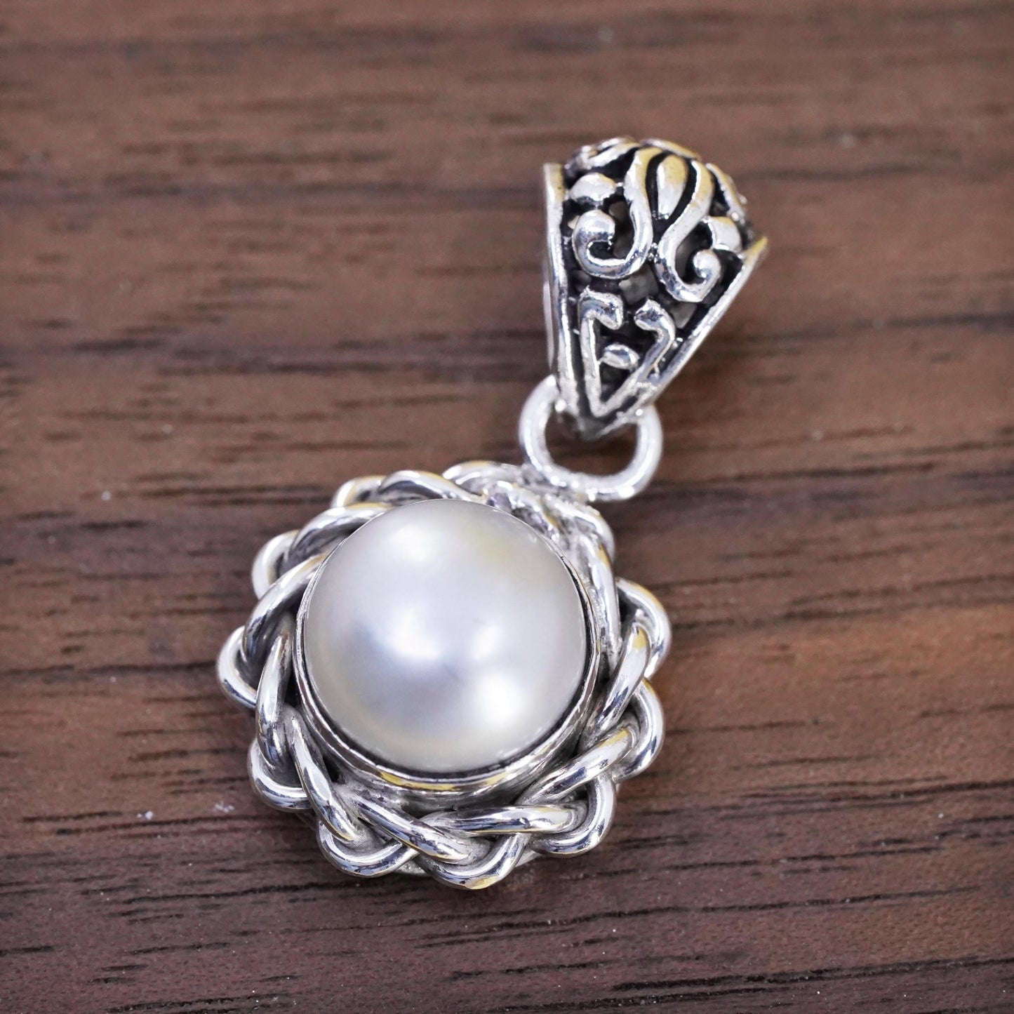 Vintage Sterling 925 silver handmade filigree pendant with pearl