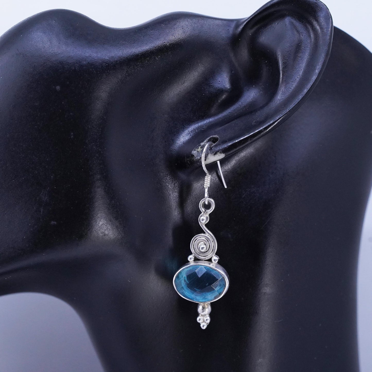 Vintage Sterling 925 silver handmade spiral earrings with blue crystal