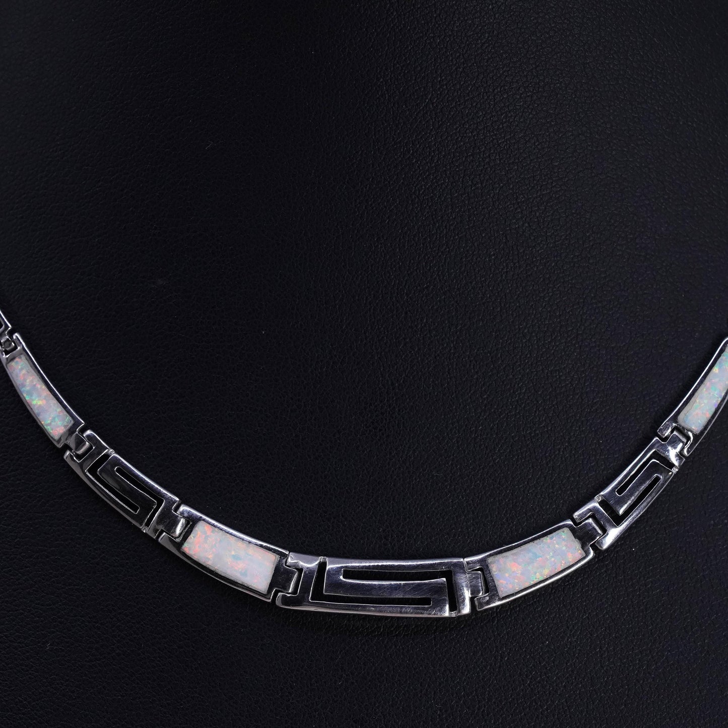 16+1”, Sterling silver necklace,925 tennis graduated Greek key fire opal