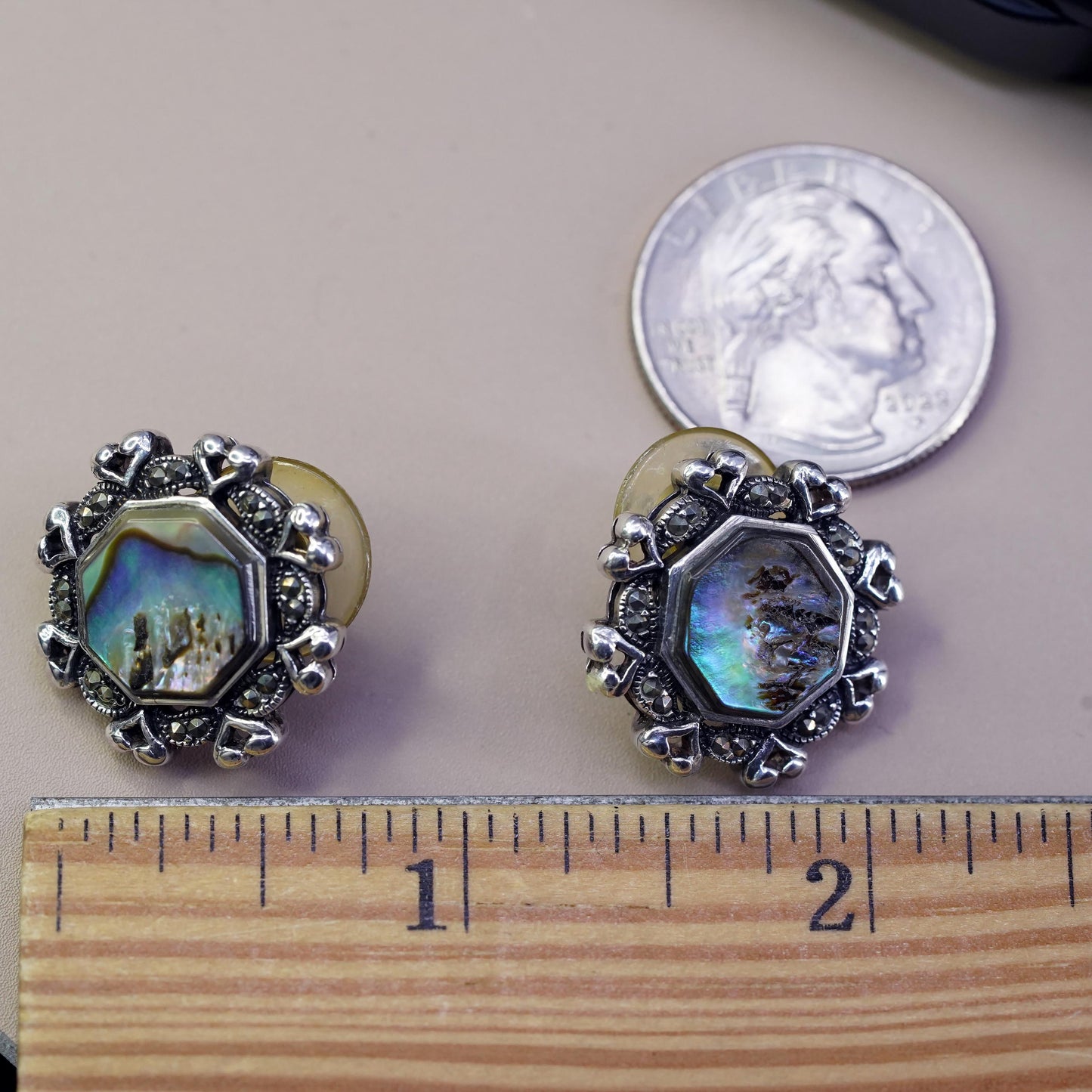 Vintage Thailand Sterling 925 silver Hexagram studs earrings with abalone inlay